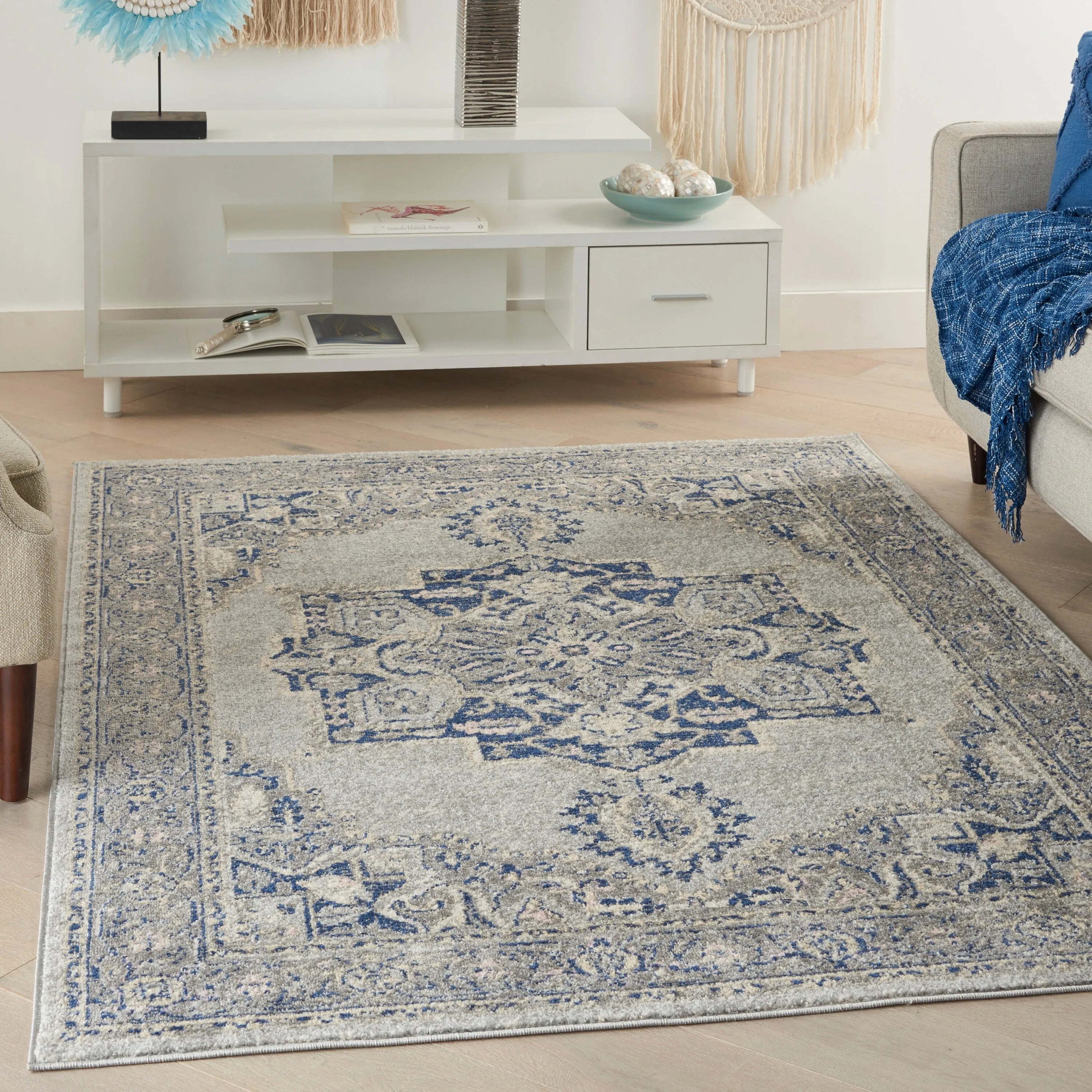 Nourison Tranquil Grey Navy Modern Persian Floral Medallion Area Rug