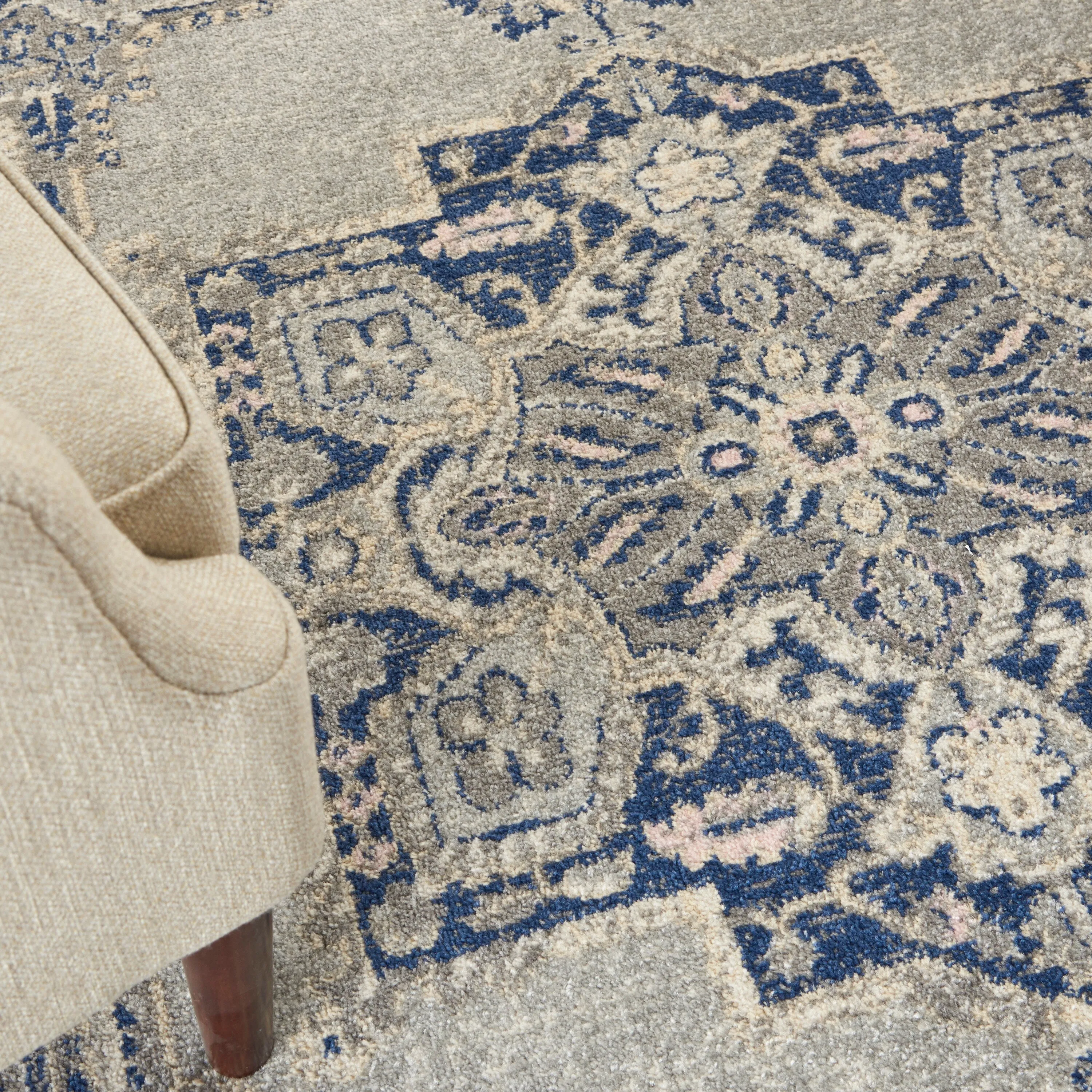 Nourison Tranquil Grey Navy Modern Persian Floral Medallion Area Rug