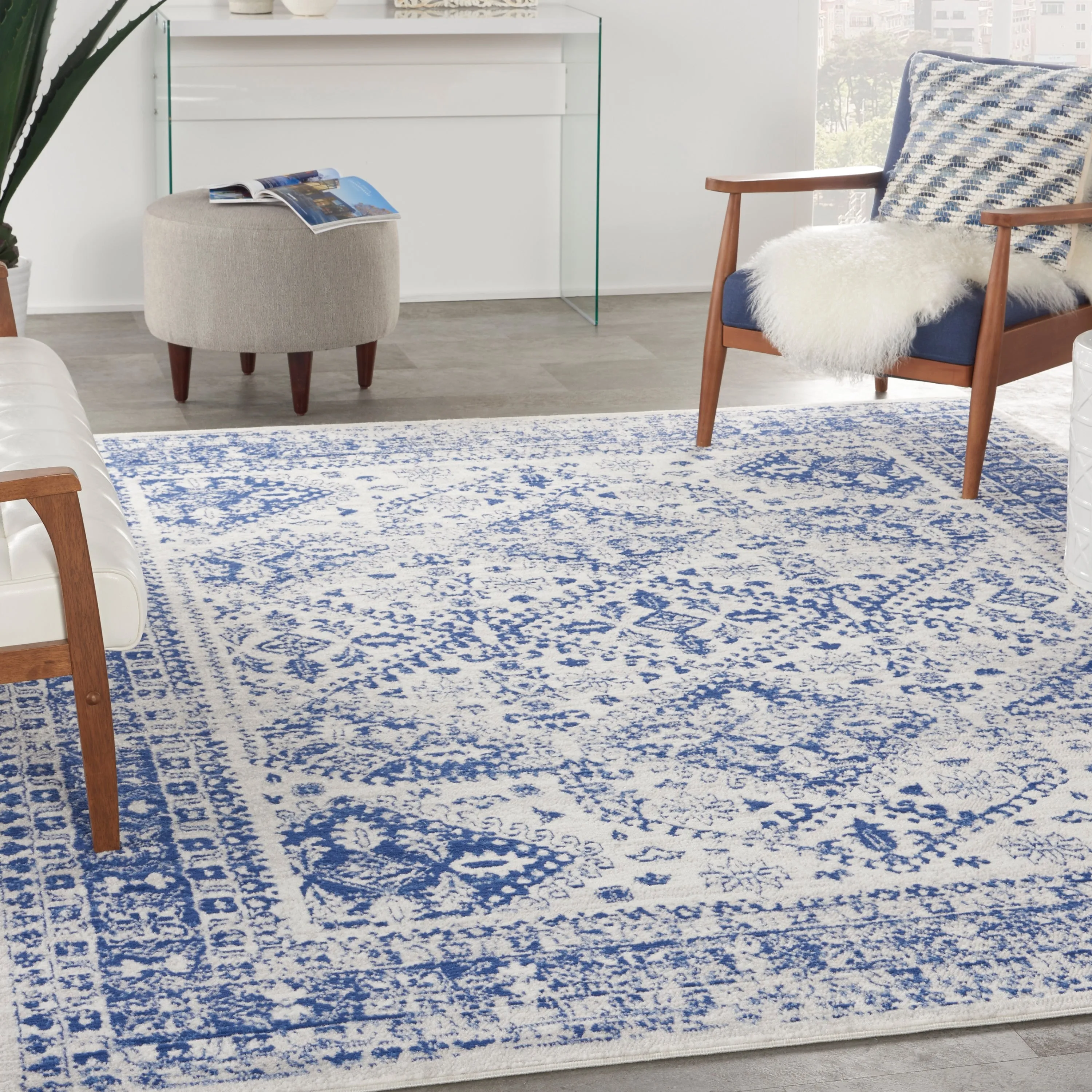 Nourison Whimsicle Boho Floral Geometric Ivory Navy Area Rug