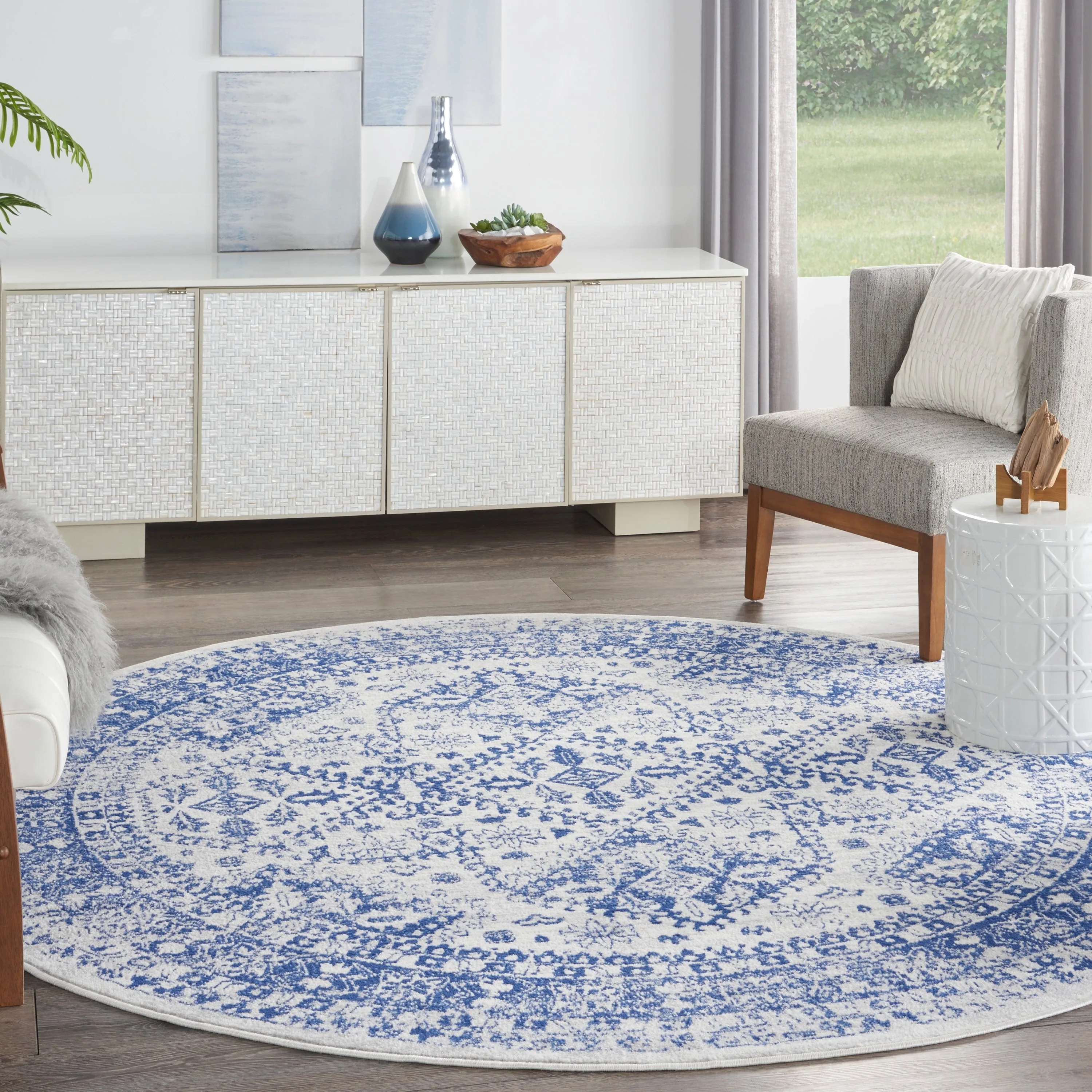Nourison Whimsicle Boho Floral Geometric Ivory Navy Area Rug