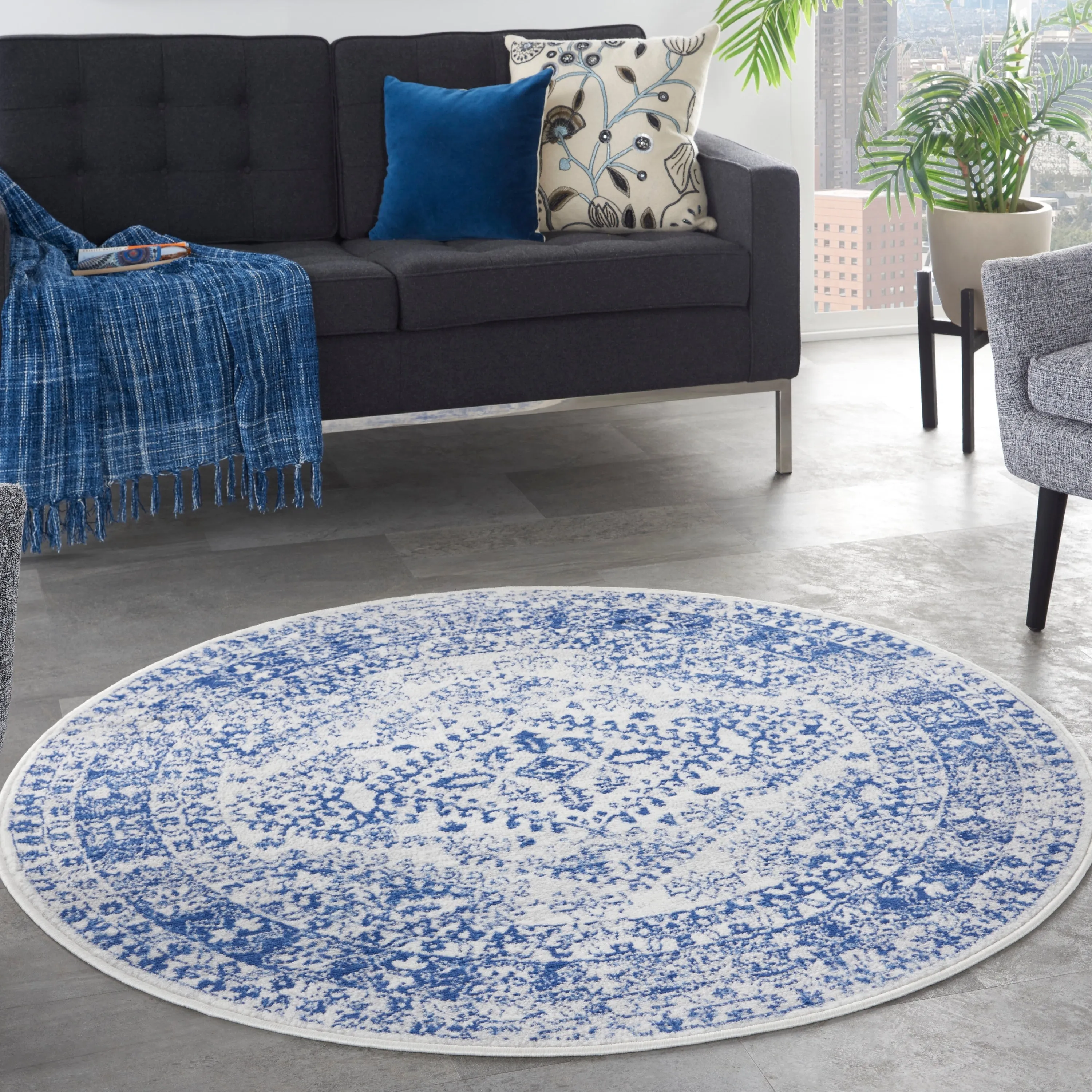 Nourison Whimsicle Boho Floral Geometric Ivory Navy Area Rug