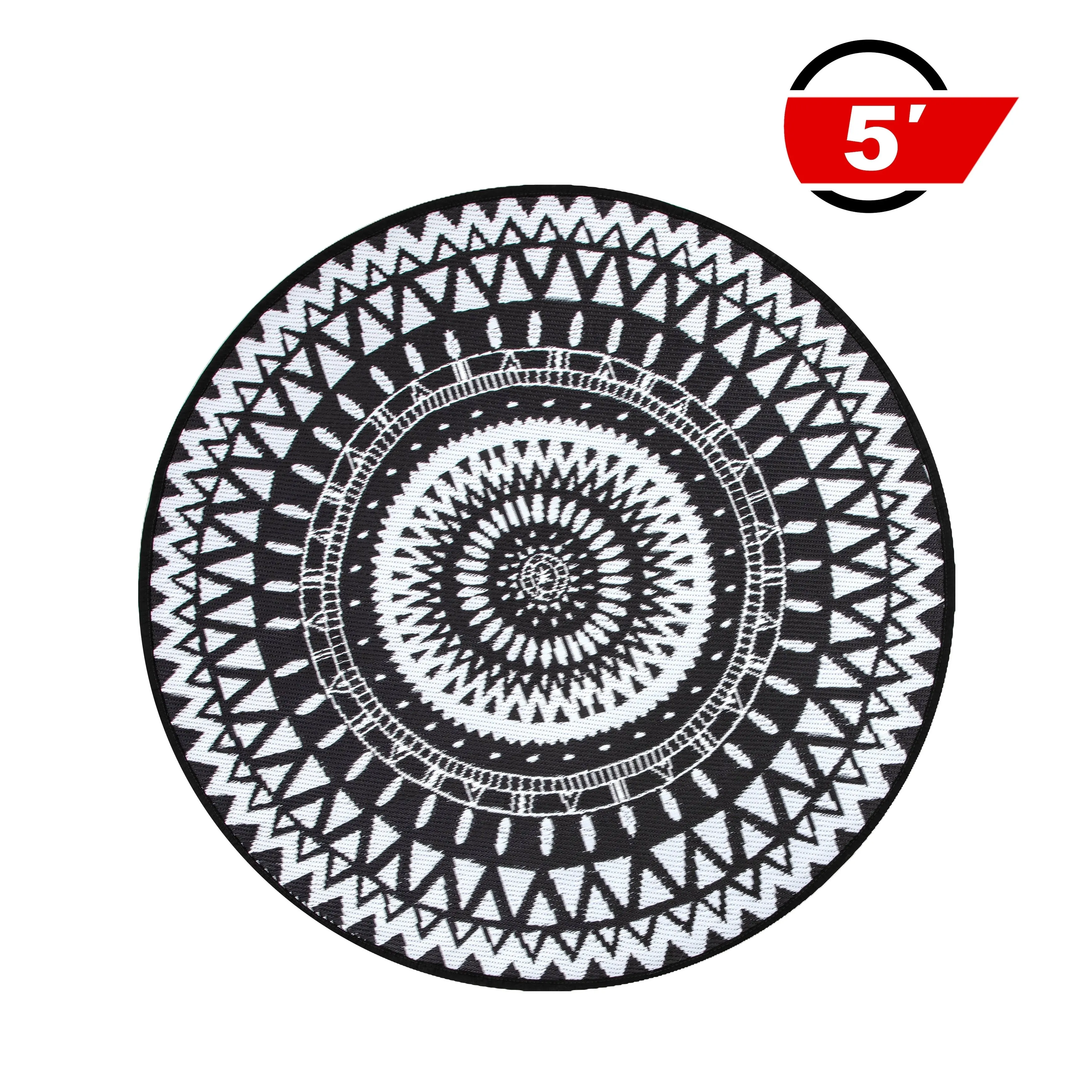 NUU GARDEN Black/ White Indoor/Outdoor Kaleidoscope Round Area Rug
