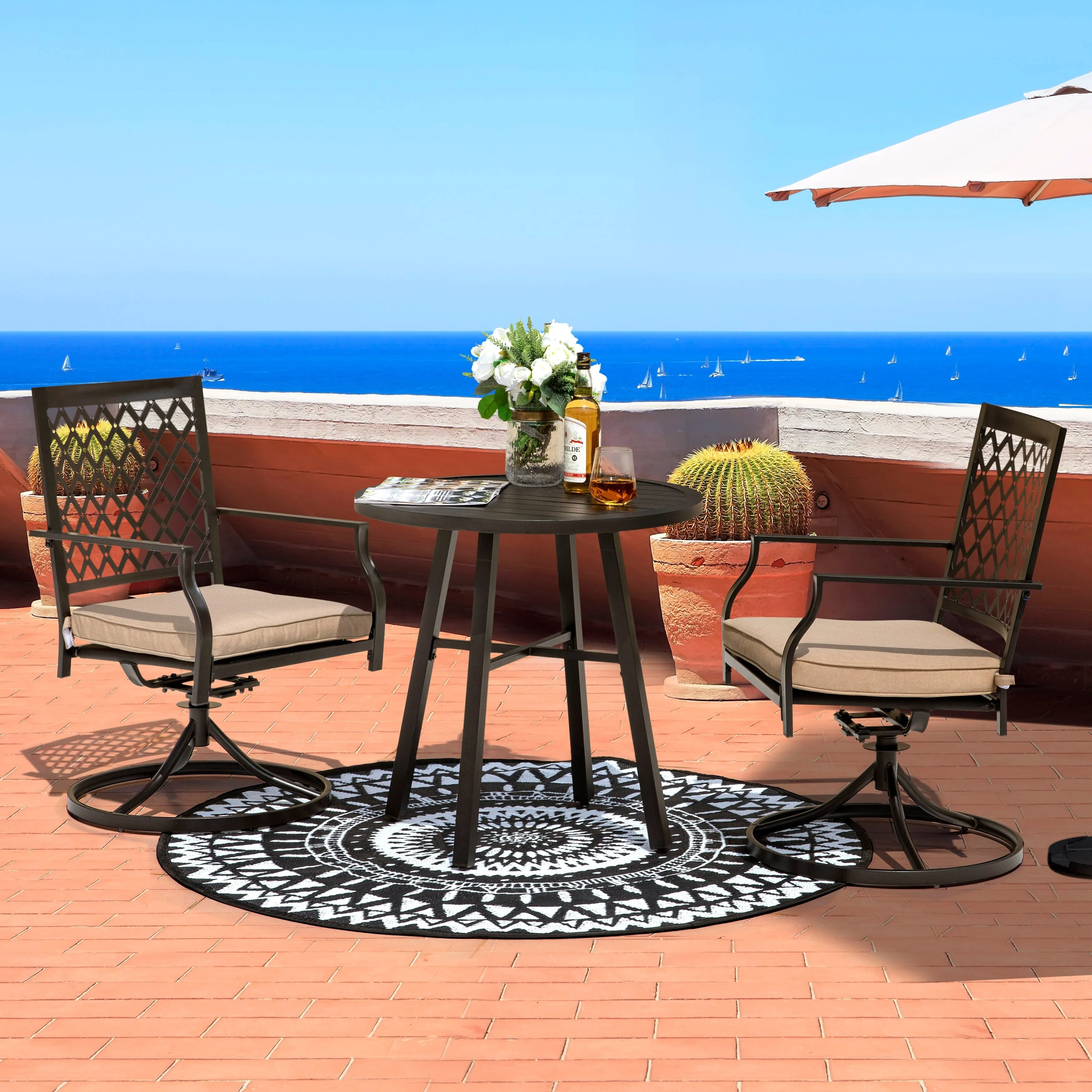 NUU GARDEN Black/ White Indoor/Outdoor Kaleidoscope Round Area Rug
