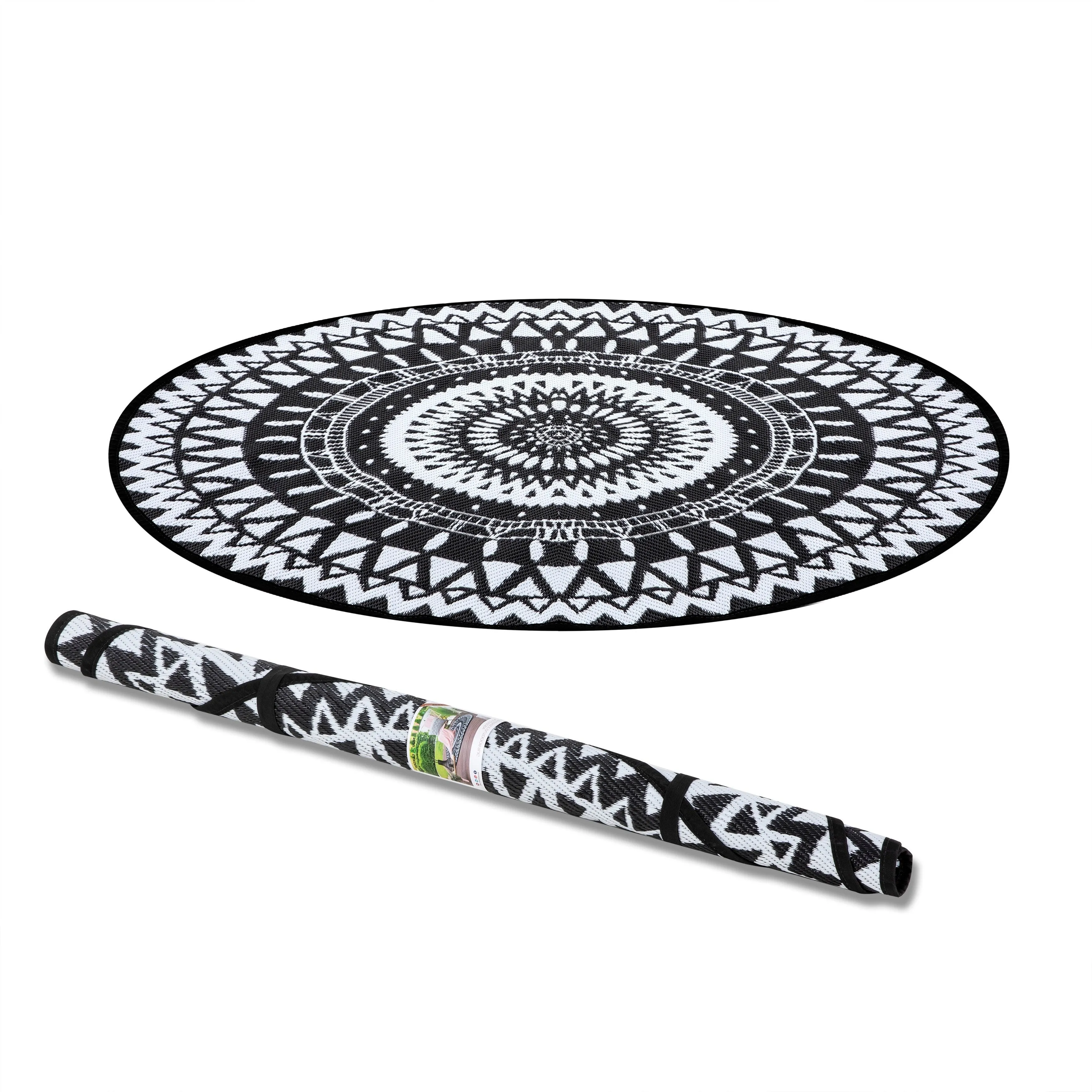 NUU GARDEN Black/ White Indoor/Outdoor Kaleidoscope Round Area Rug