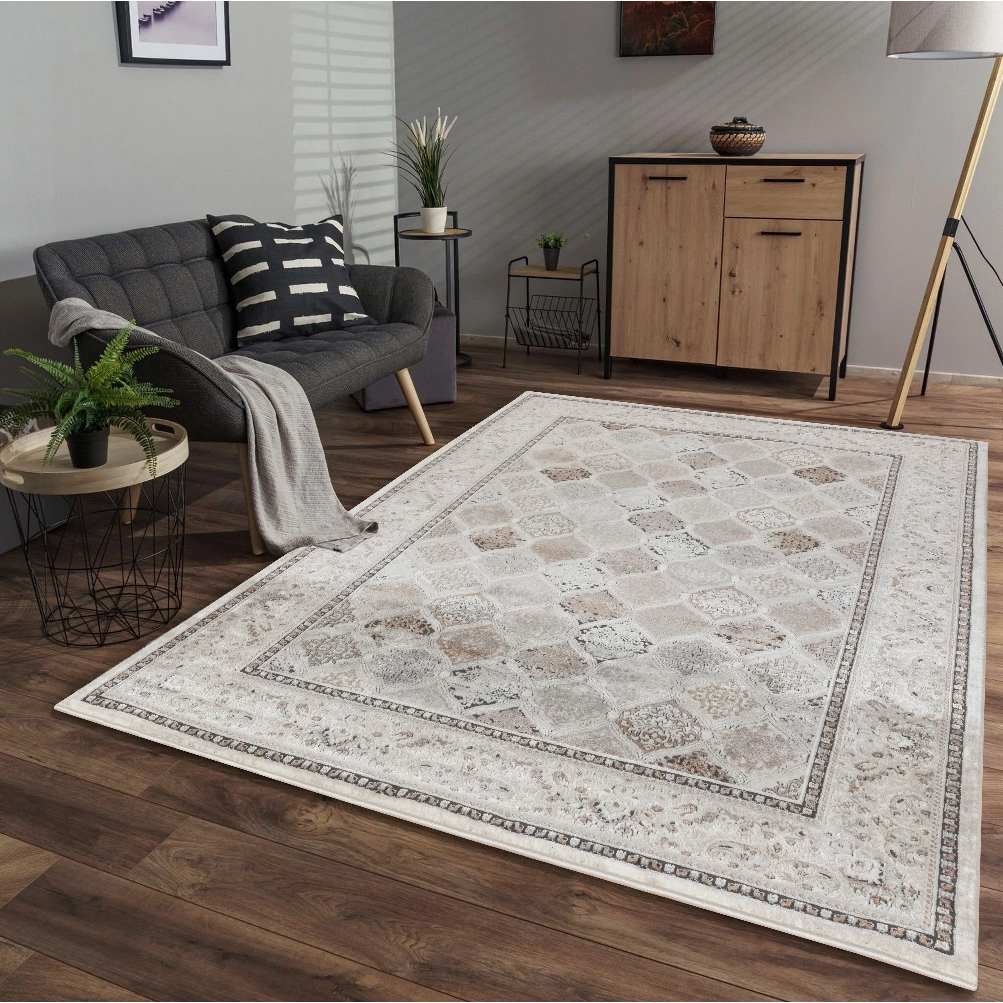 Omari Collection Grey/Blue Abstract Traditional Area Rug