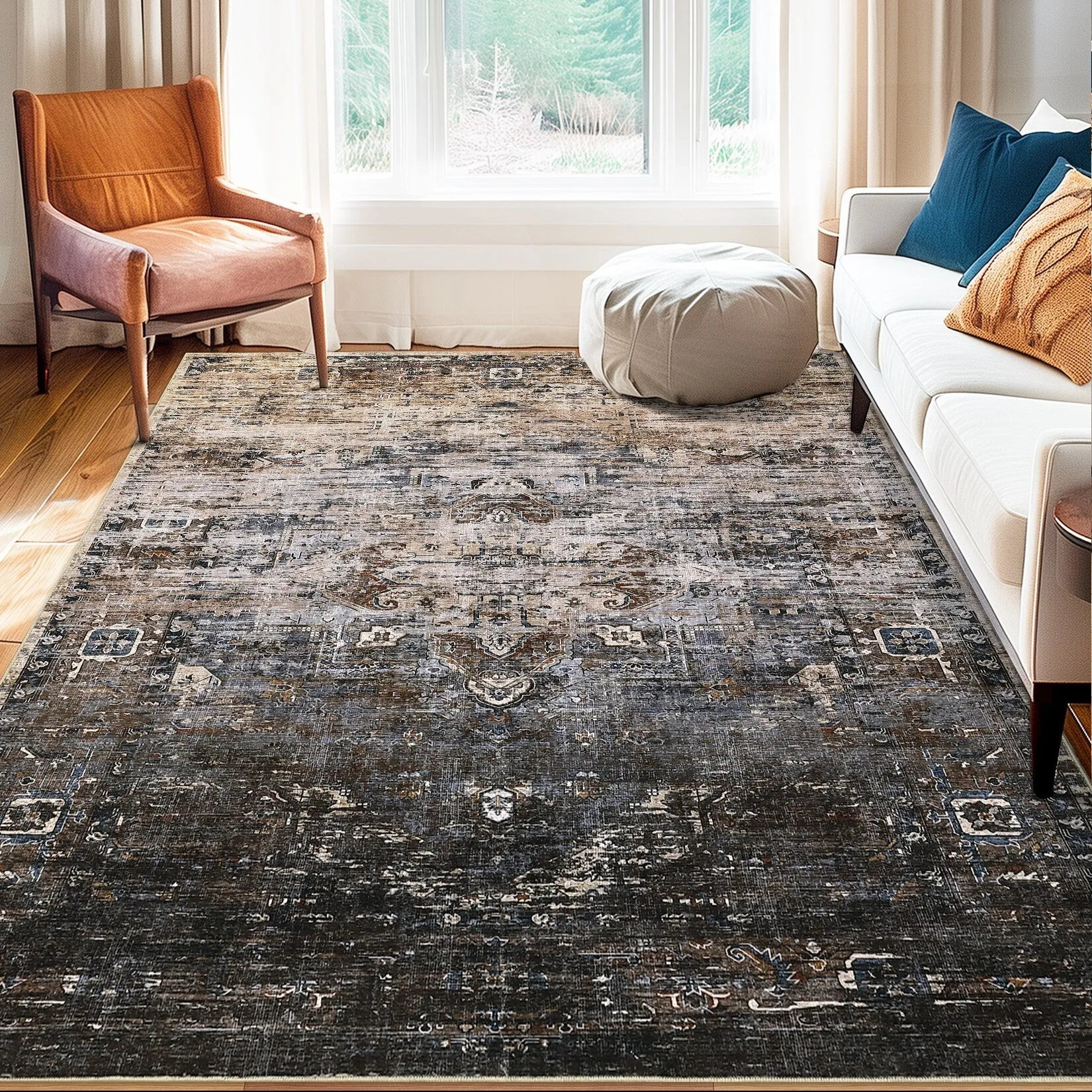 Ombre Vintage Area Rug Distressed Washable Living Room Bedroom Rug Indoor Carpet Ultra-Thin Soft Rug Non-Slip