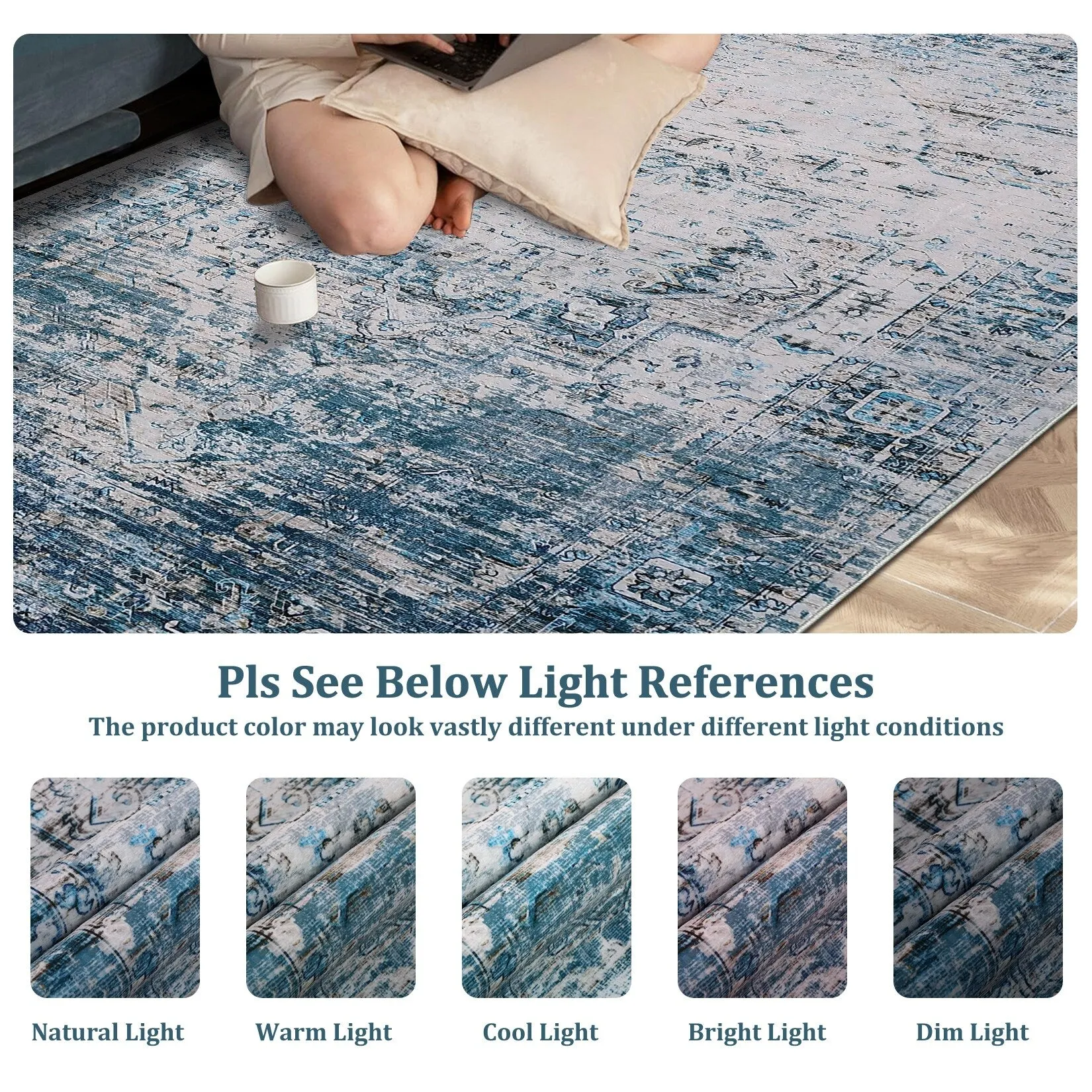 Ombre Vintage Area Rug Distressed Washable Living Room Bedroom Rug Indoor Carpet Ultra-Thin Soft Rug Non-Slip