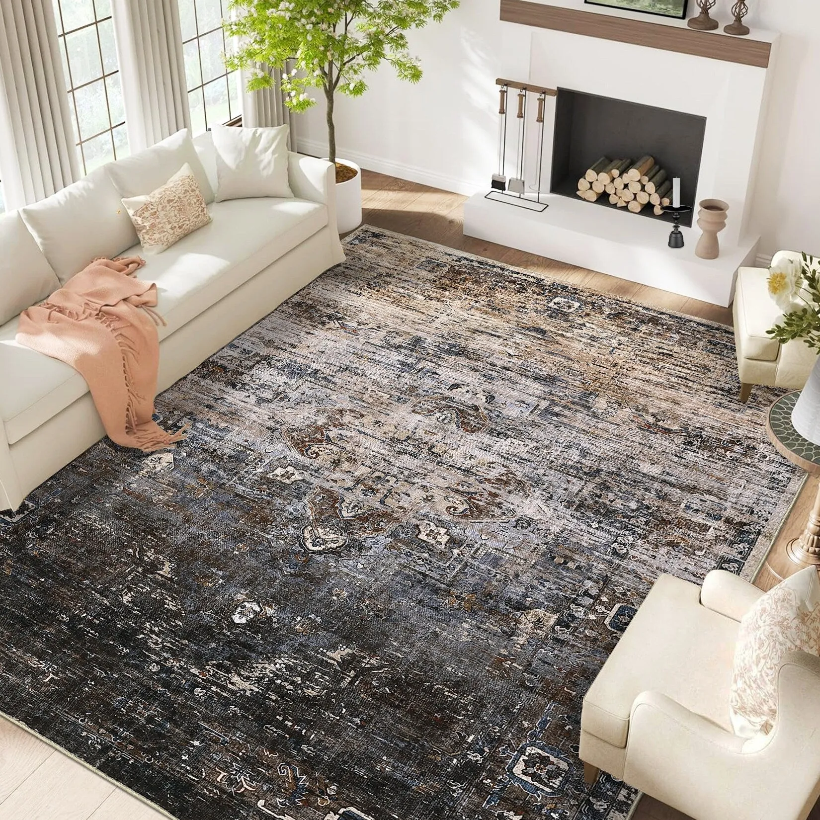 Ombre Vintage Area Rug Distressed Washable Living Room Bedroom Rug Indoor Carpet Ultra-Thin Soft Rug Non-Slip