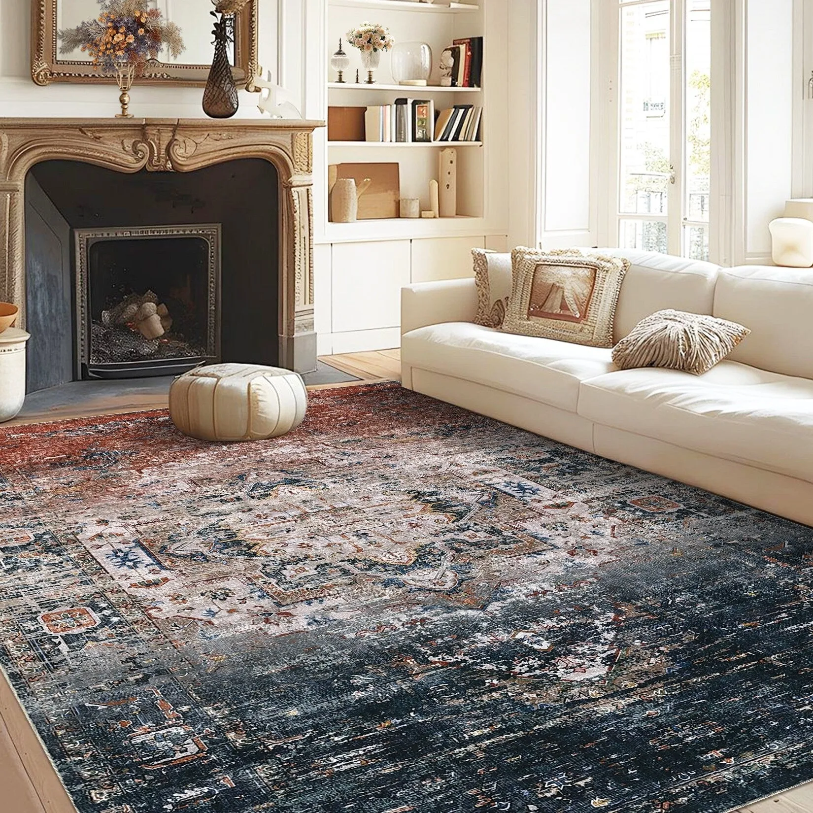 Ombre Vintage Area Rug Distressed Washable Living Room Bedroom Rug Indoor Carpet Ultra-Thin Soft Rug Non-Slip