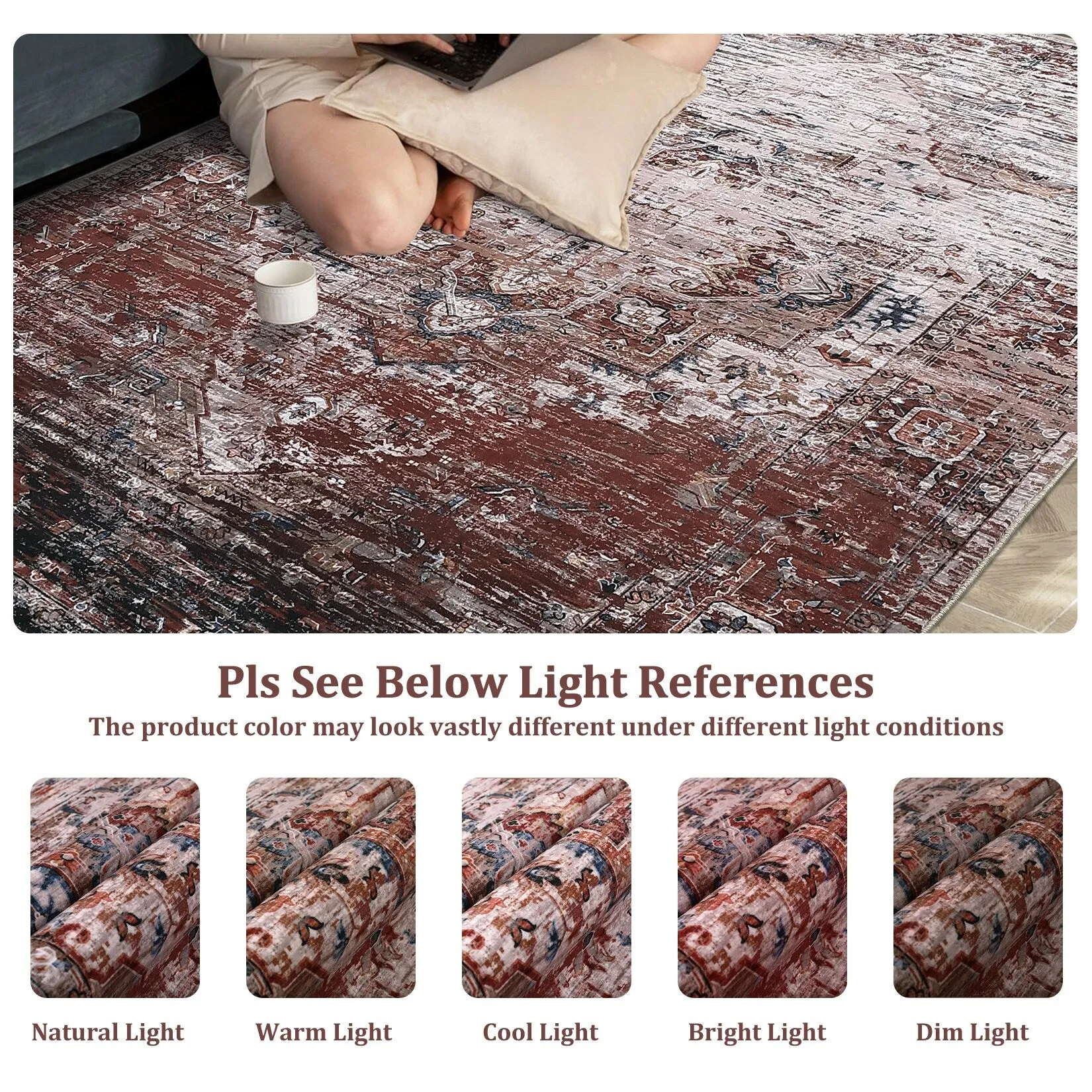 Ombre Vintage Area Rug Distressed Washable Living Room Bedroom Rug Indoor Carpet Ultra-Thin Soft Rug Non-Slip