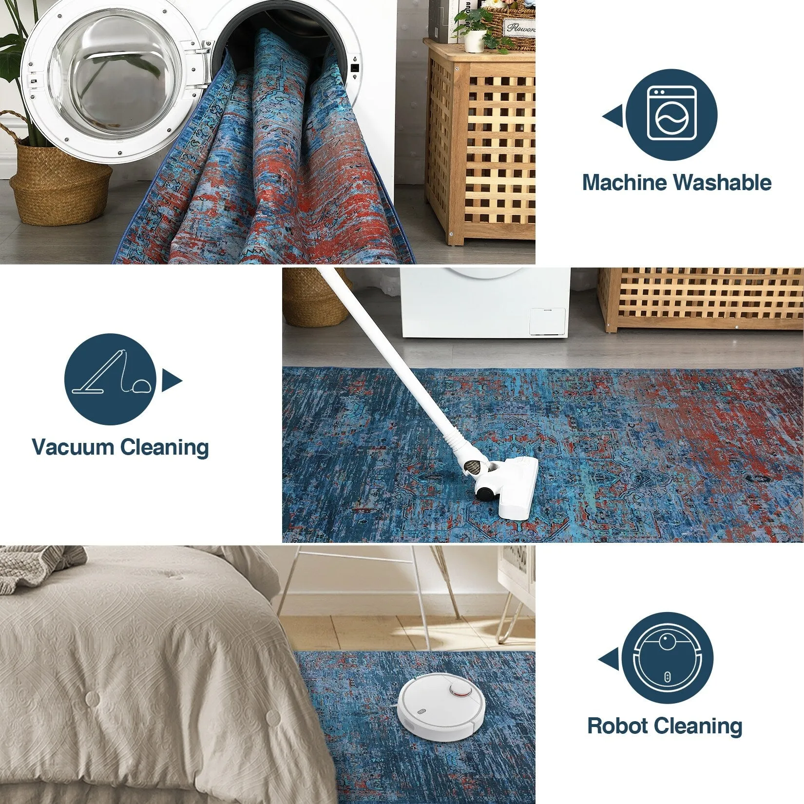 Ombre Vintage Area Rug Distressed Washable Living Room Bedroom Rug Indoor Carpet Ultra-Thin Soft Rug Non-Slip