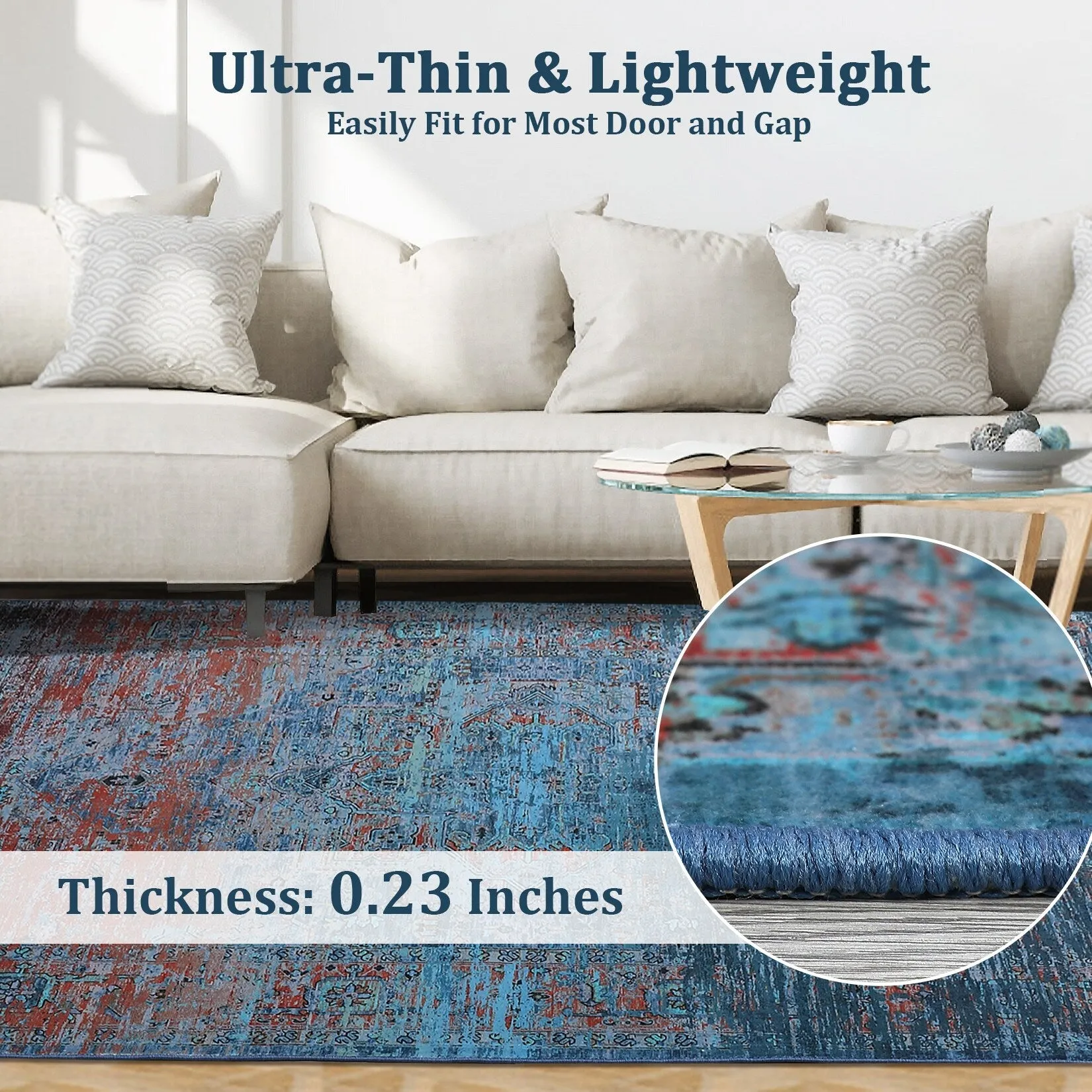 Ombre Vintage Area Rug Distressed Washable Living Room Bedroom Rug Indoor Carpet Ultra-Thin Soft Rug Non-Slip