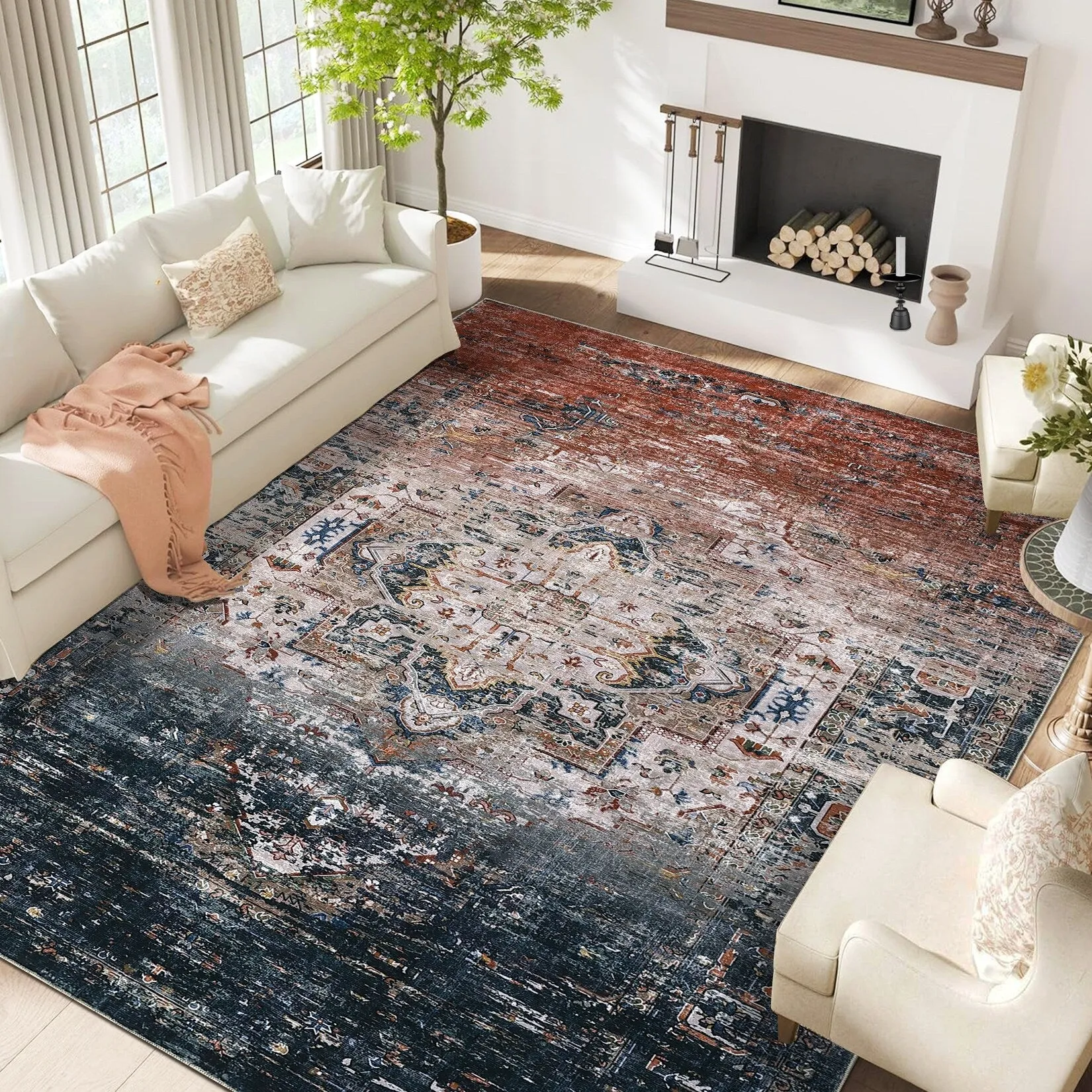 Ombre Vintage Area Rug Distressed Washable Living Room Bedroom Rug Indoor Carpet Ultra-Thin Soft Rug Non-Slip