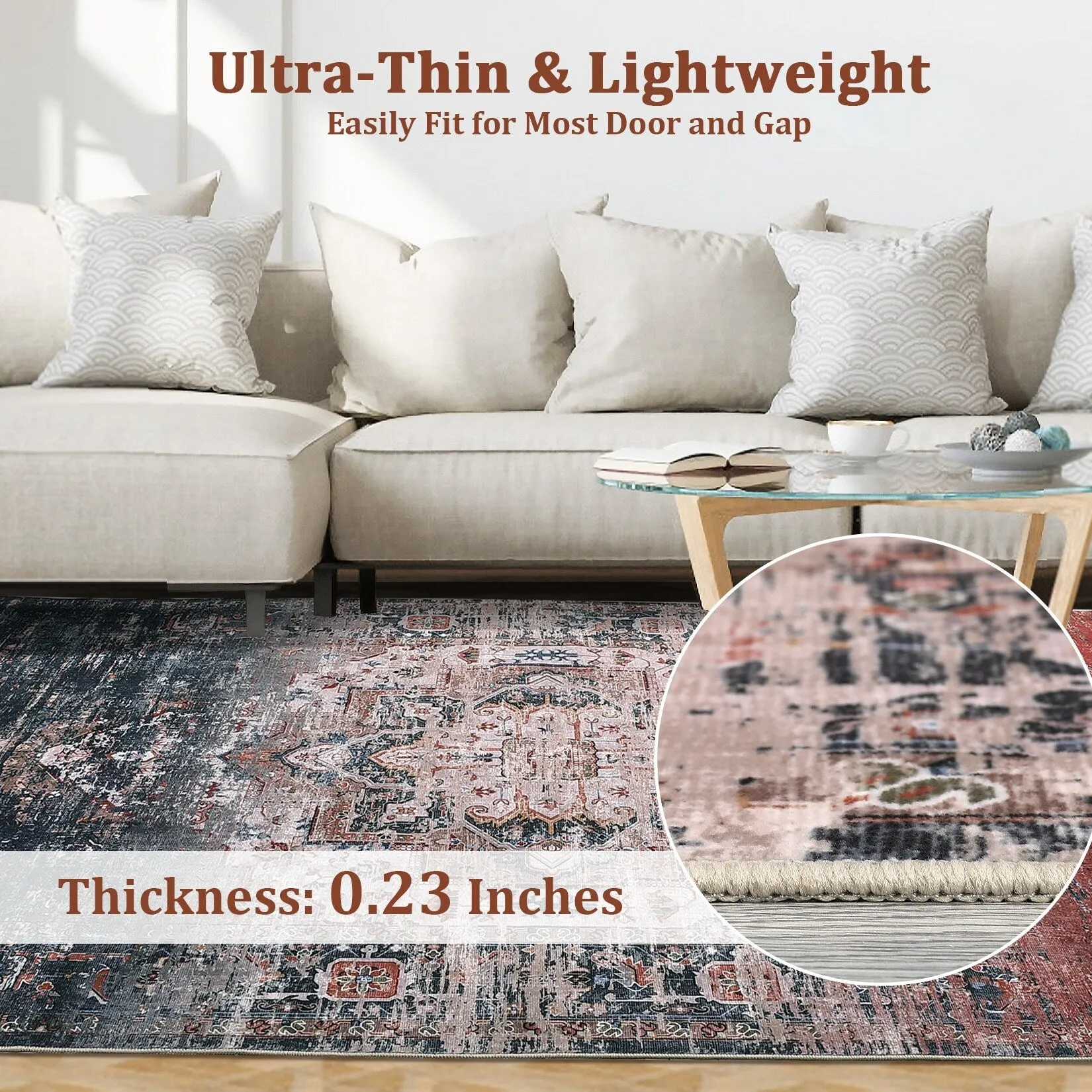 Ombre Vintage Area Rug Distressed Washable Living Room Bedroom Rug Indoor Carpet Ultra-Thin Soft Rug Non-Slip