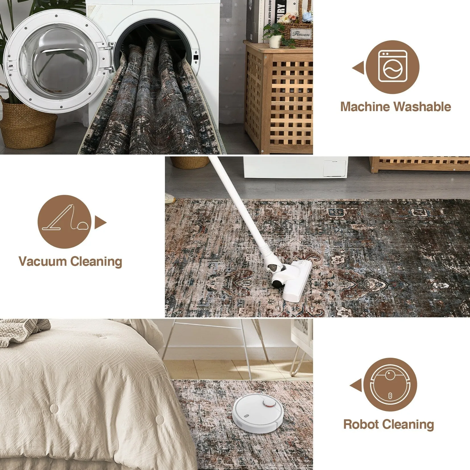 Ombre Vintage Area Rug Distressed Washable Living Room Bedroom Rug Indoor Carpet Ultra-Thin Soft Rug Non-Slip