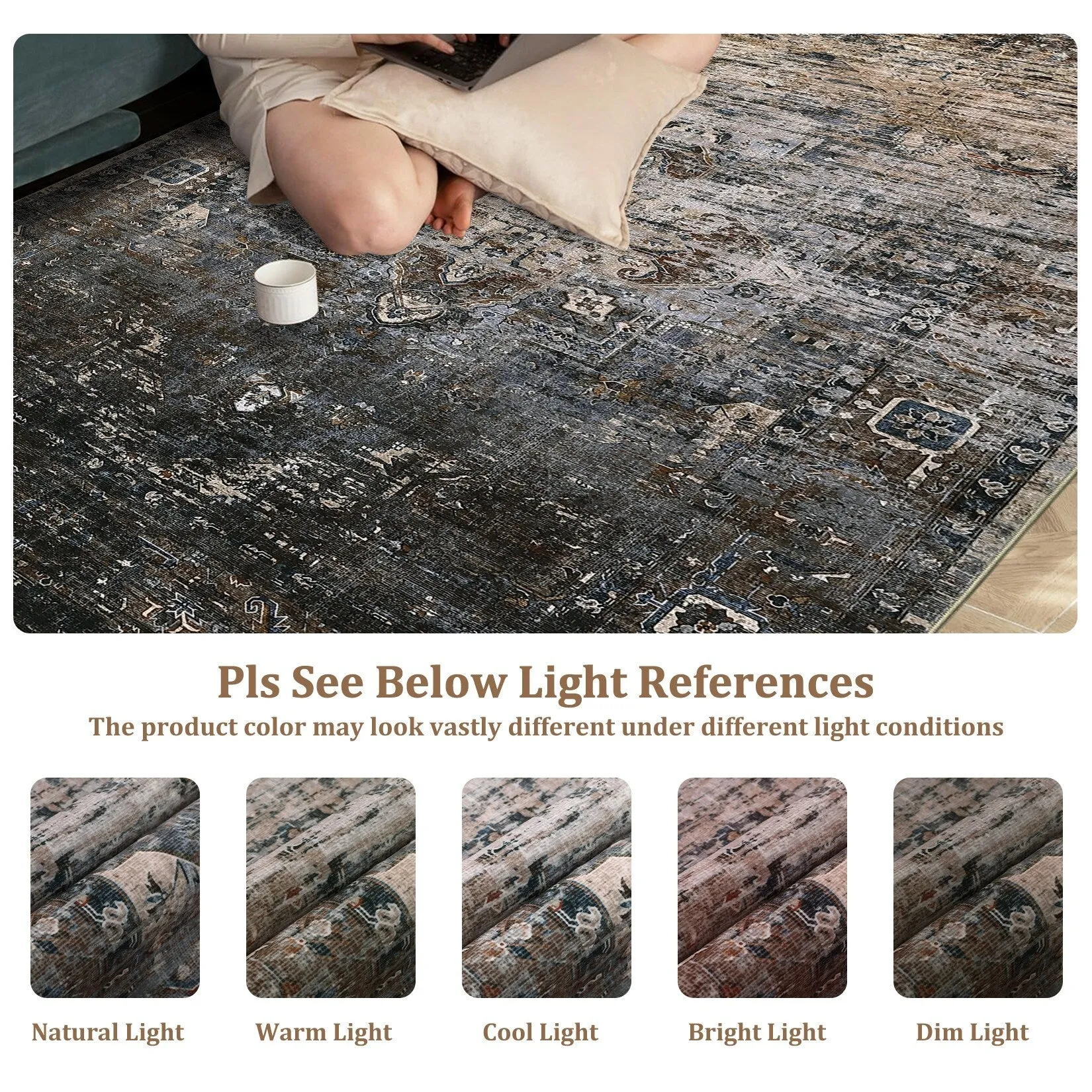 Ombre Vintage Area Rug Distressed Washable Living Room Bedroom Rug Indoor Carpet Ultra-Thin Soft Rug Non-Slip