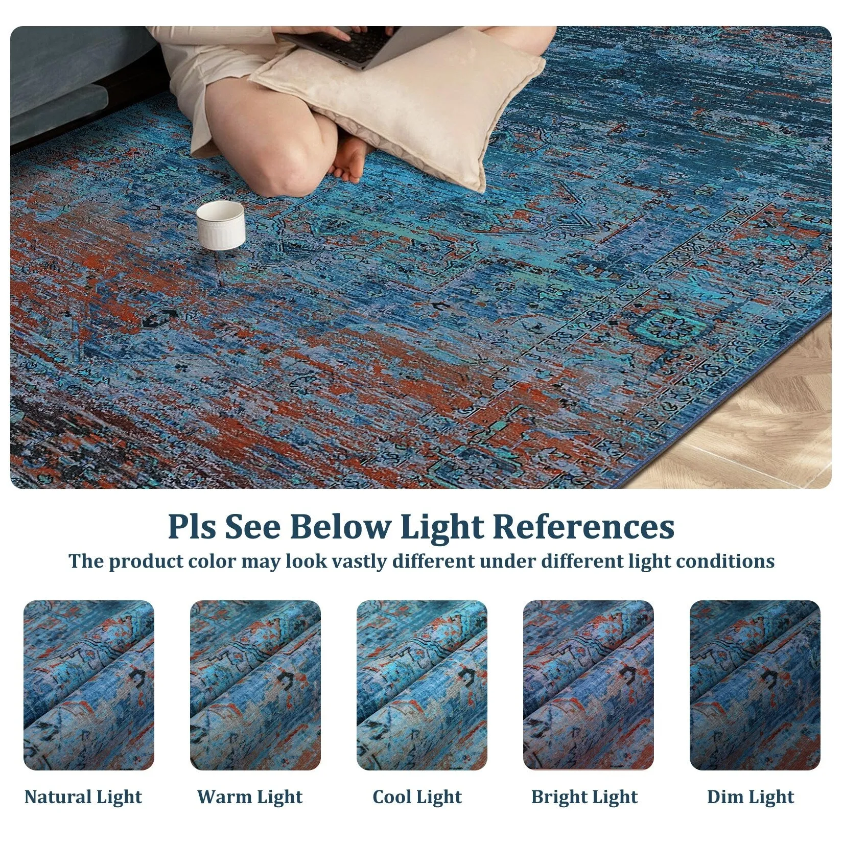 Ombre Vintage Area Rug Distressed Washable Living Room Bedroom Rug Indoor Carpet Ultra-Thin Soft Rug Non-Slip