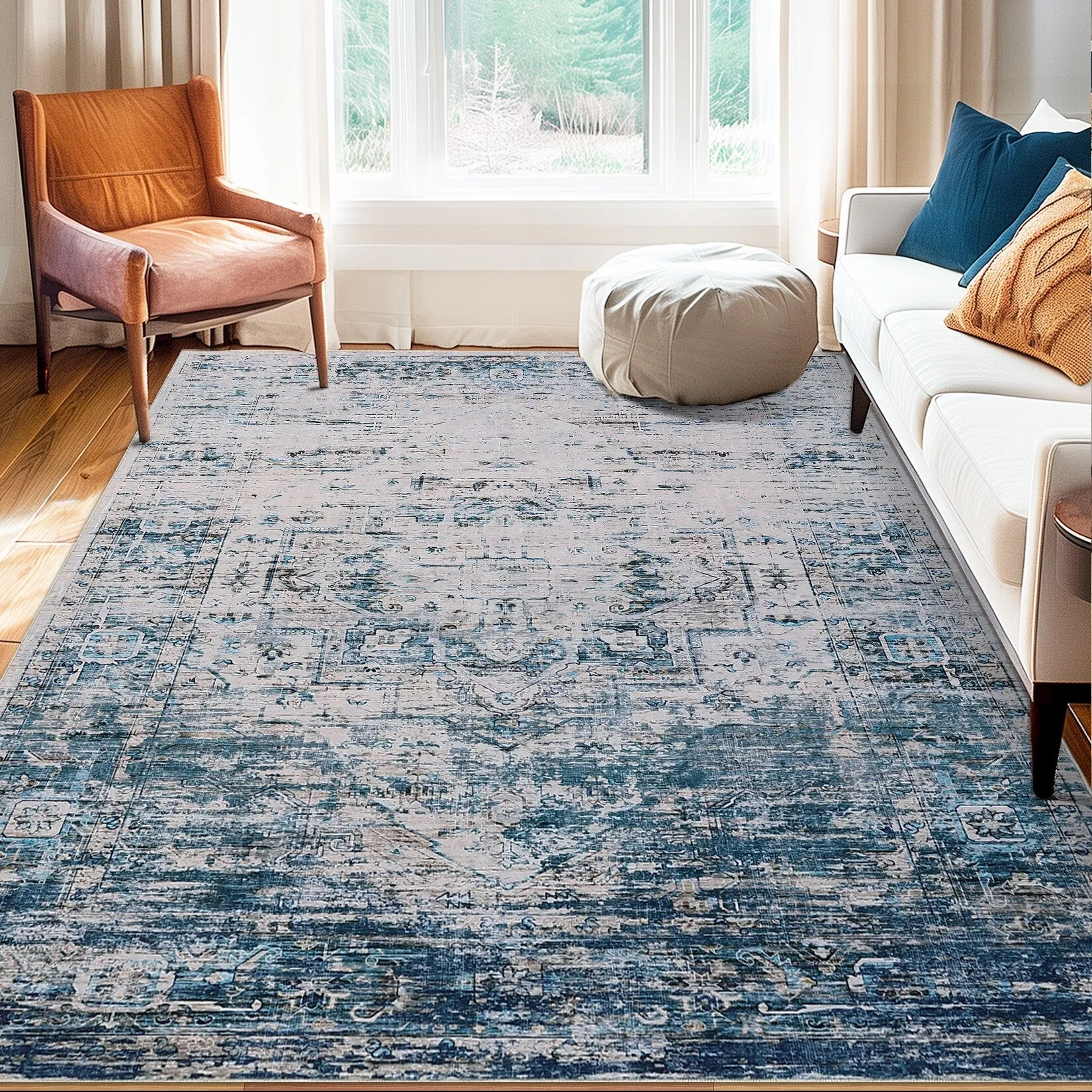 Ombre Vintage Area Rug Distressed Washable Living Room Bedroom Rug Indoor Carpet Ultra-Thin Soft Rug Non-Slip