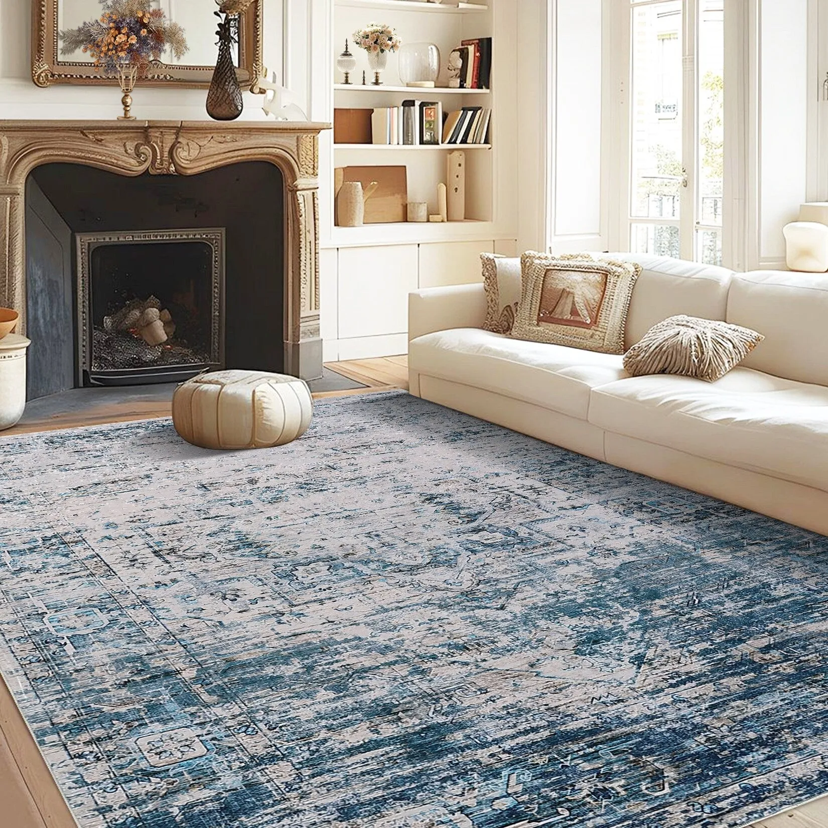 Ombre Vintage Area Rug Distressed Washable Living Room Bedroom Rug Indoor Carpet Ultra-Thin Soft Rug Non-Slip