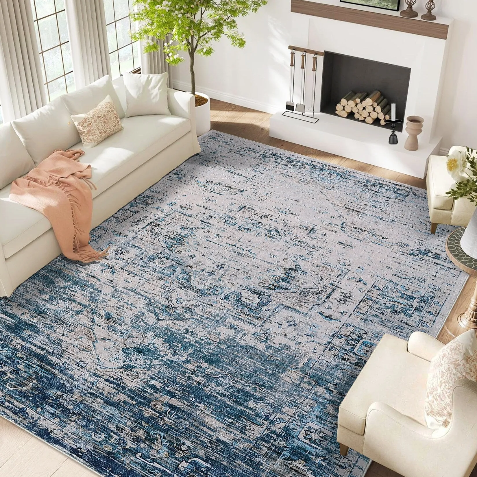 Ombre Vintage Area Rug Distressed Washable Living Room Bedroom Rug Indoor Carpet Ultra-Thin Soft Rug Non-Slip