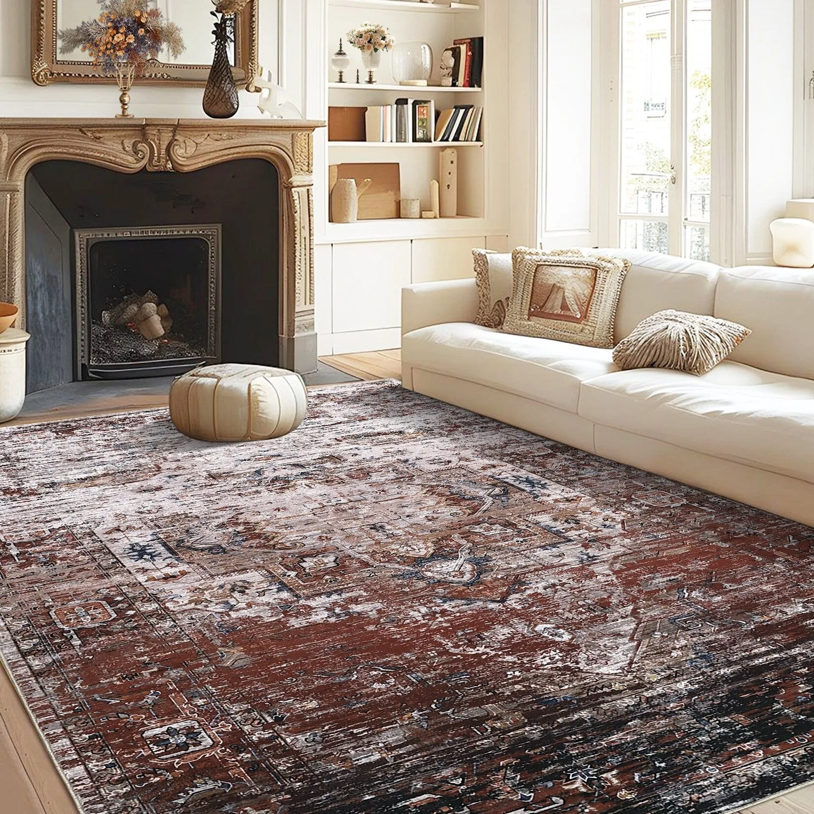 Ombre Vintage Area Rug Distressed Washable Living Room Bedroom Rug Indoor Carpet Ultra-Thin Soft Rug Non-Slip