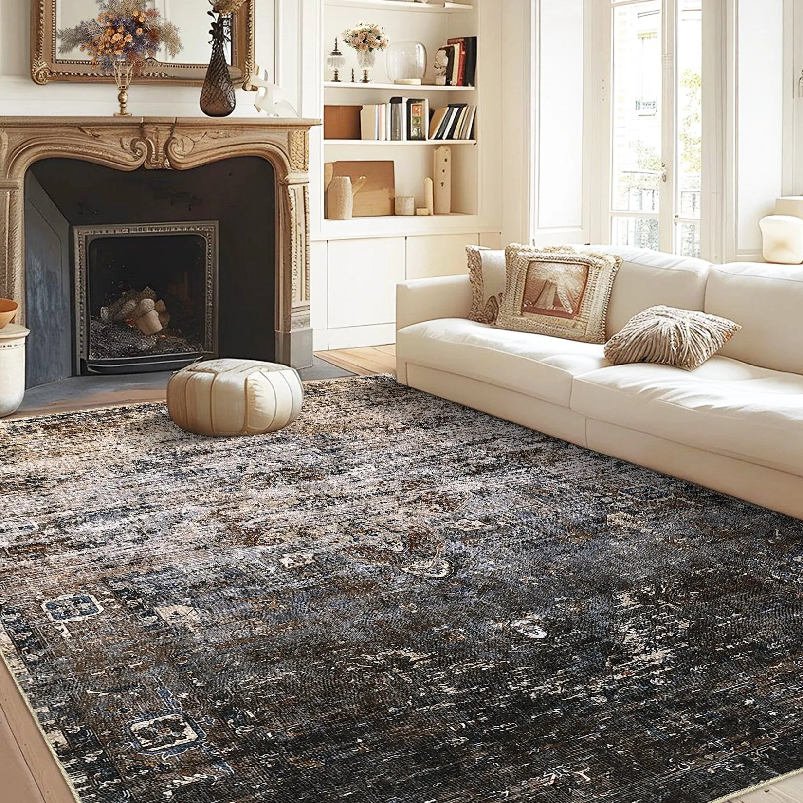 Ombre Vintage Area Rug Distressed Washable Living Room Bedroom Rug Indoor Carpet Ultra-Thin Soft Rug Non-Slip