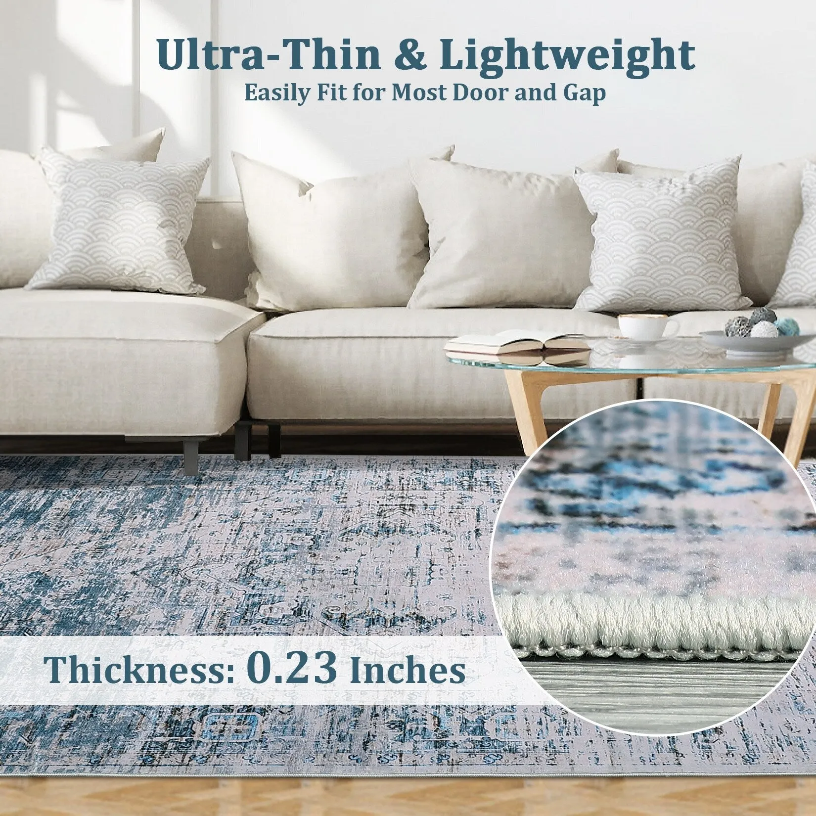 Ombre Vintage Area Rug Distressed Washable Living Room Bedroom Rug Indoor Carpet Ultra-Thin Soft Rug Non-Slip