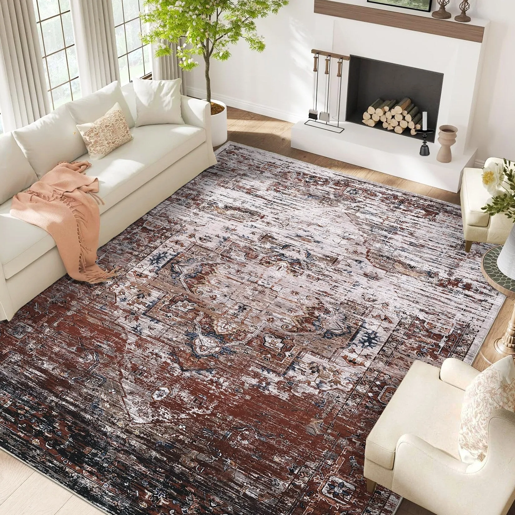 Ombre Vintage Area Rug Distressed Washable Living Room Bedroom Rug Indoor Carpet Ultra-Thin Soft Rug Non-Slip