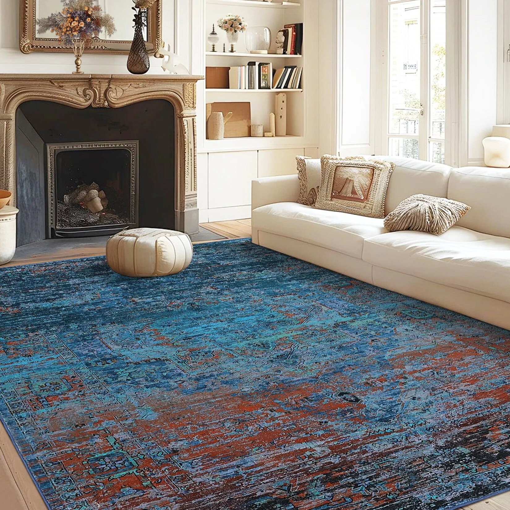 Ombre Vintage Area Rug Distressed Washable Living Room Bedroom Rug Indoor Carpet Ultra-Thin Soft Rug Non-Slip