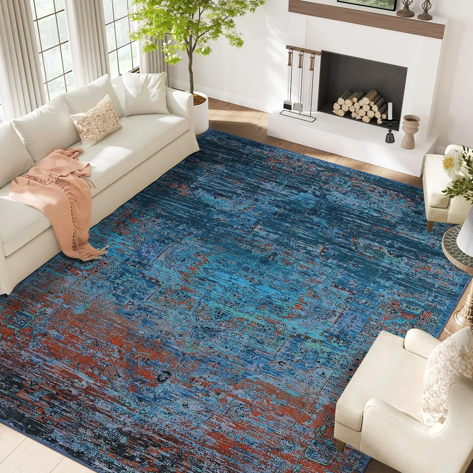 Ombre Vintage Area Rug Distressed Washable Living Room Bedroom Rug Indoor Carpet Ultra-Thin Soft Rug Non-Slip