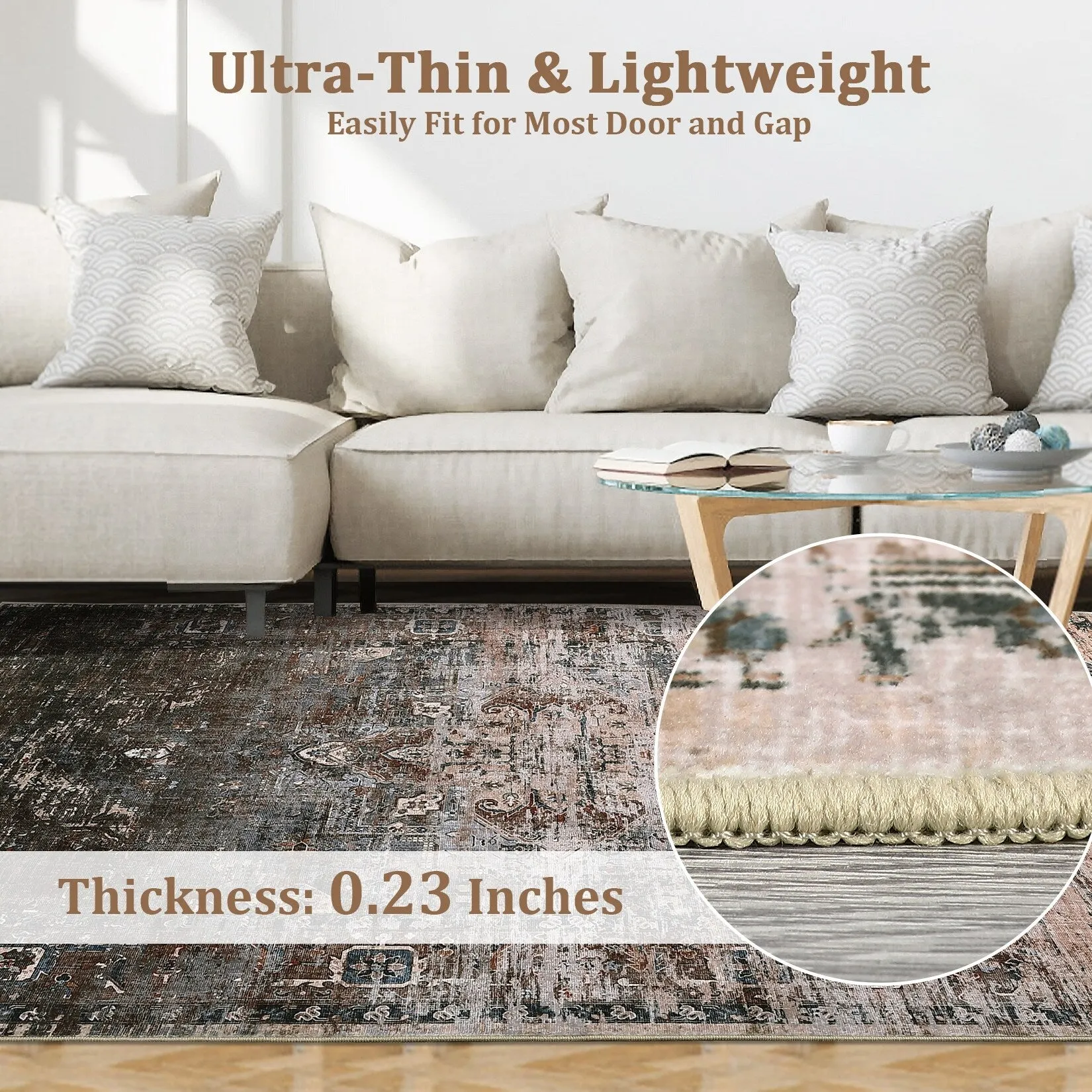 Ombre Vintage Area Rug Distressed Washable Living Room Bedroom Rug Indoor Carpet Ultra-Thin Soft Rug Non-Slip