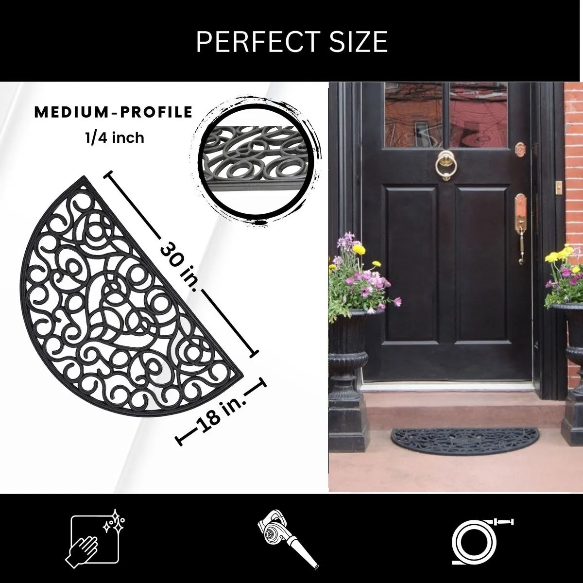 Outdoor Half Round Front Door Mat Rubber Rug 30x18 Black