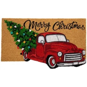 Red and Green Vintage Truck Merry Christmas Outdoor Natural Coir Doormat 18 x 30