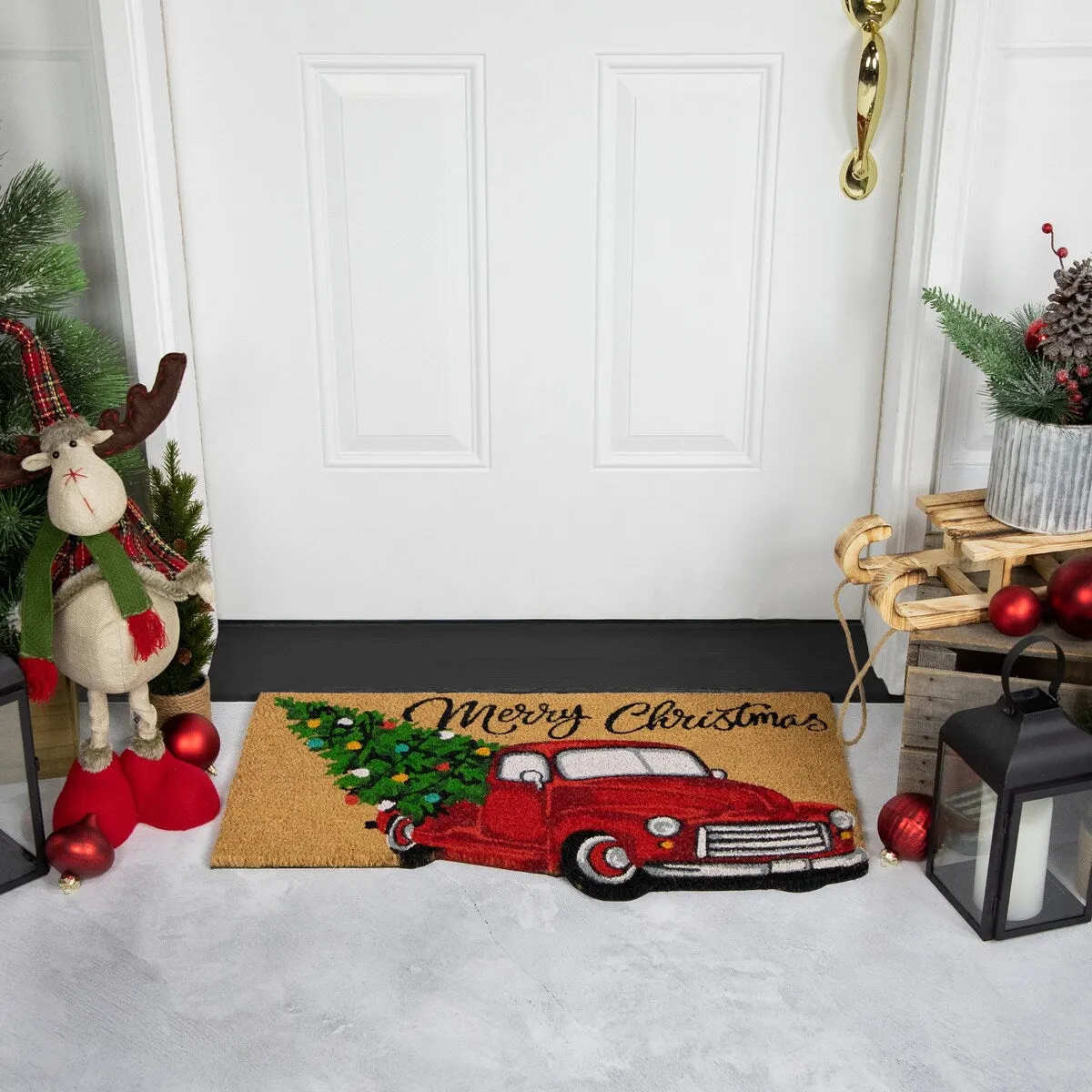 Red and Green Vintage Truck Merry Christmas Outdoor Natural Coir Doormat 18 x 30