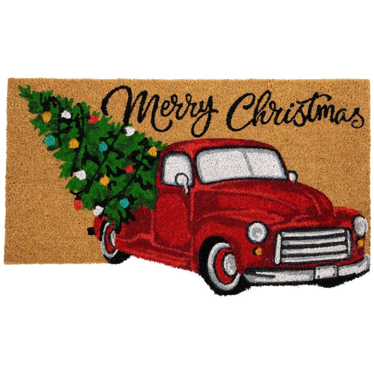 Red and Green Vintage Truck Merry Christmas Outdoor Natural Coir Doormat 18 x 30