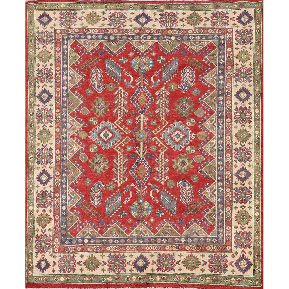Red Kazak Oriental Area Rug Hand-Knotted Traditional Wool Carpet - 5'2 x 6'1