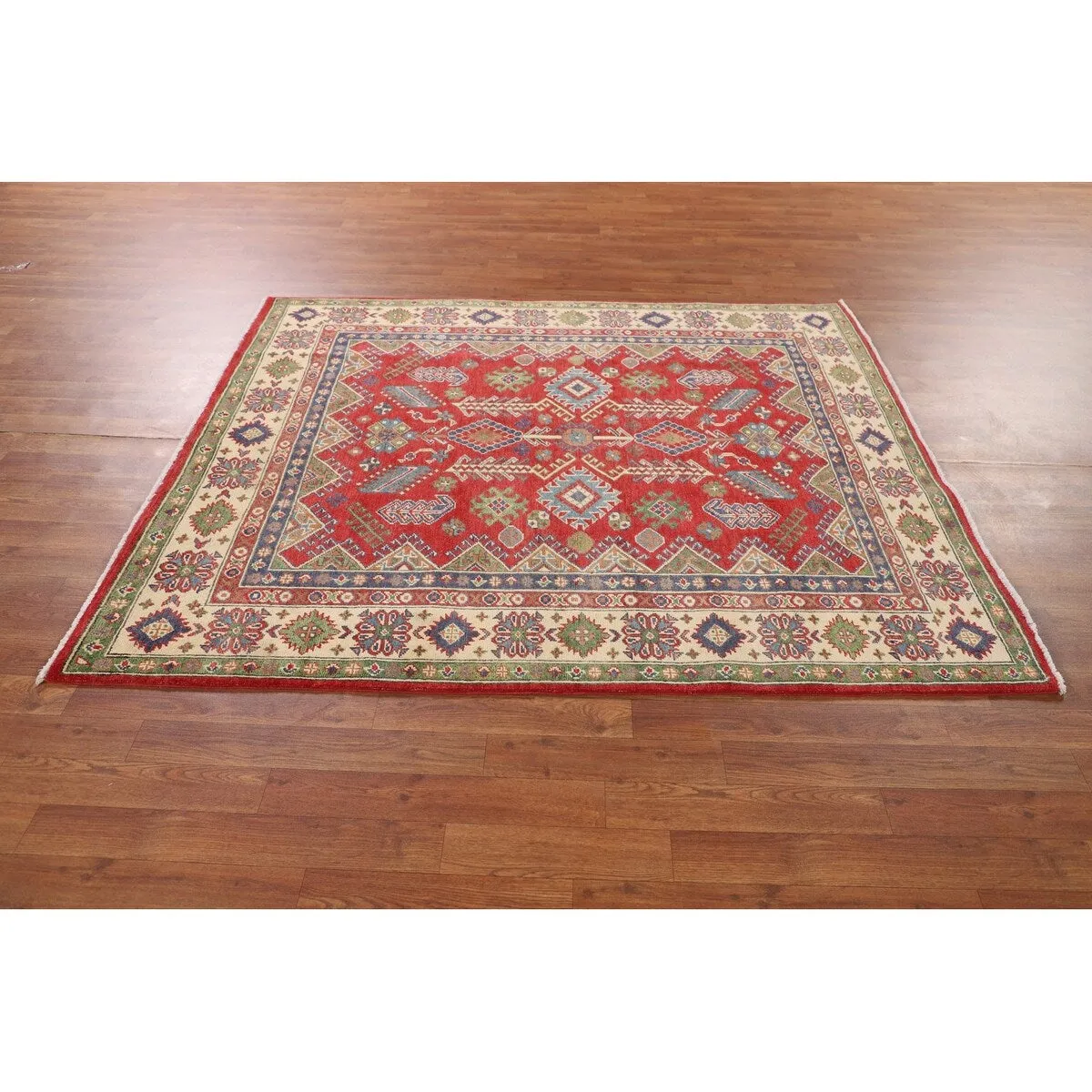 Red Kazak Oriental Area Rug Hand-Knotted Traditional Wool Carpet - 5'2 x 6'1