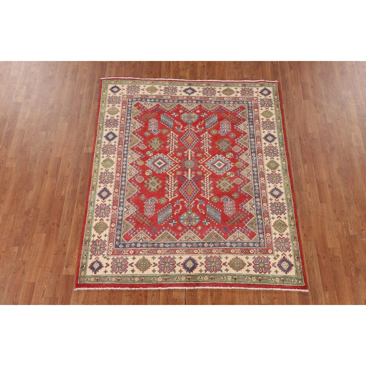 Red Kazak Oriental Area Rug Hand-Knotted Traditional Wool Carpet - 5'2 x 6'1