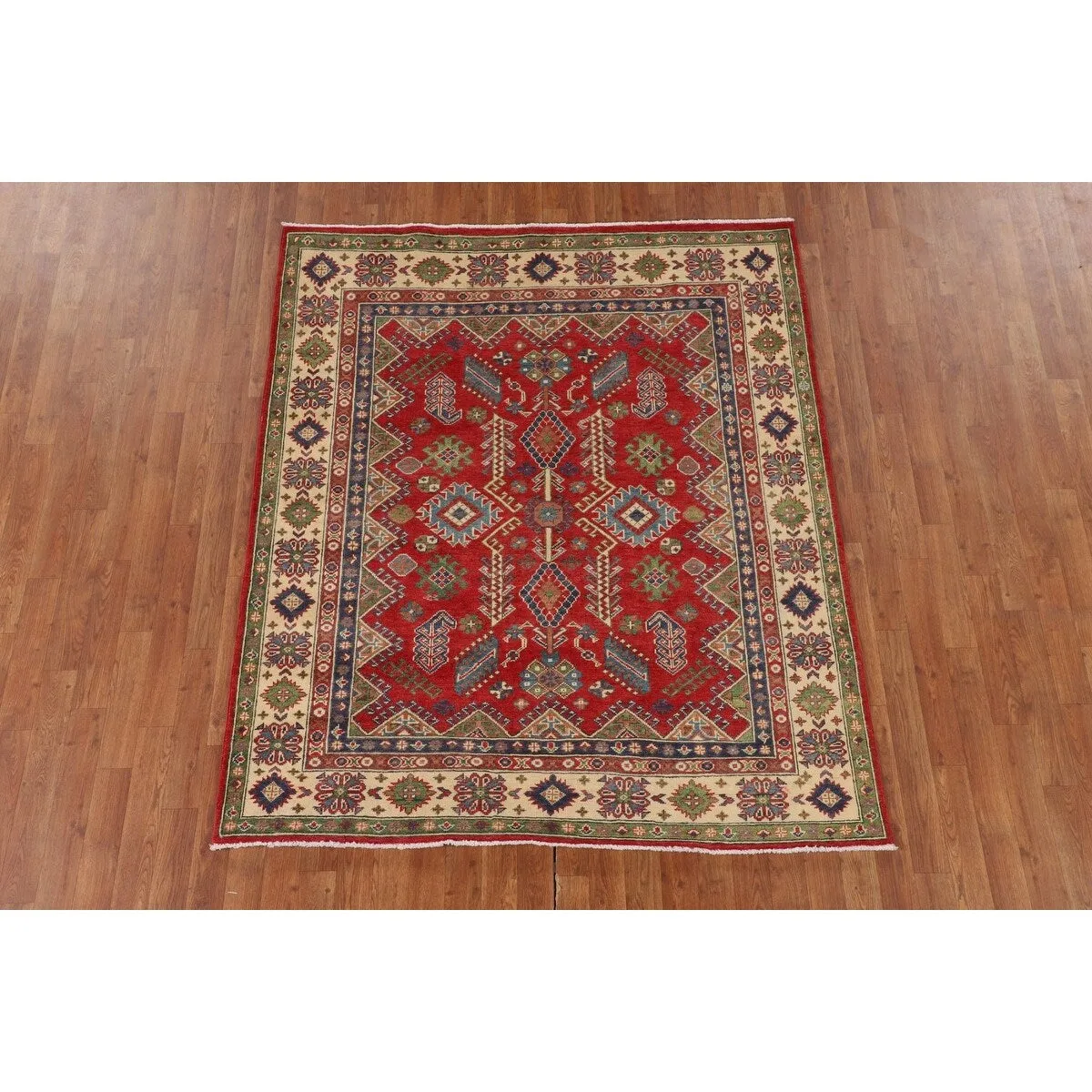 Red Kazak Oriental Area Rug Hand-Knotted Traditional Wool Carpet - 5'2 x 6'1