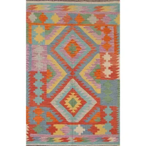Reversible Kilim Oriental Area Rug Geometric Hand-Woven Wool Carpet - 3'3x 5'2
