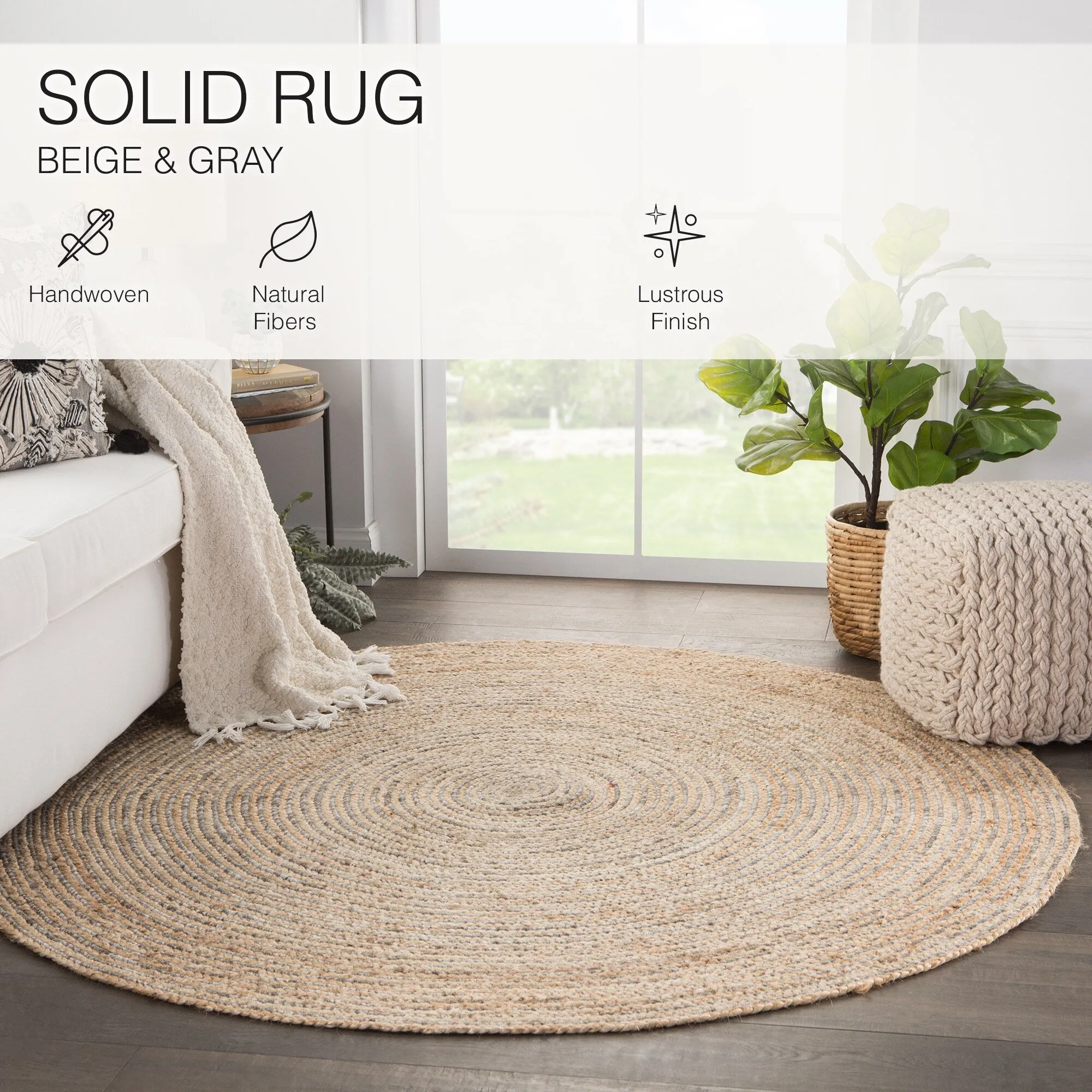 Rosen Natural Solid Beige/ Gray Round Area Rug