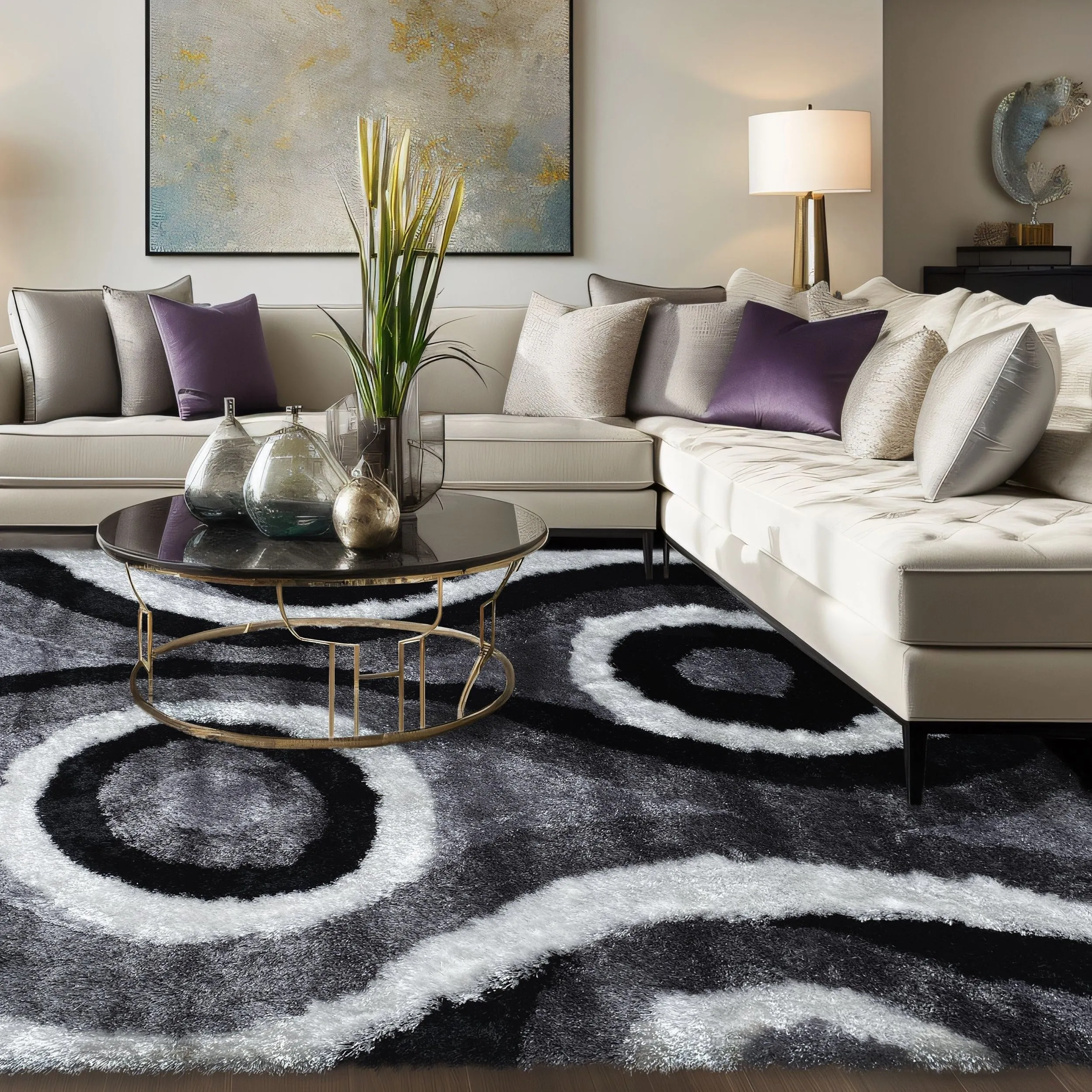 RugBerry Black White Area Rug Modern Signature 3D Soft Shag Carpet