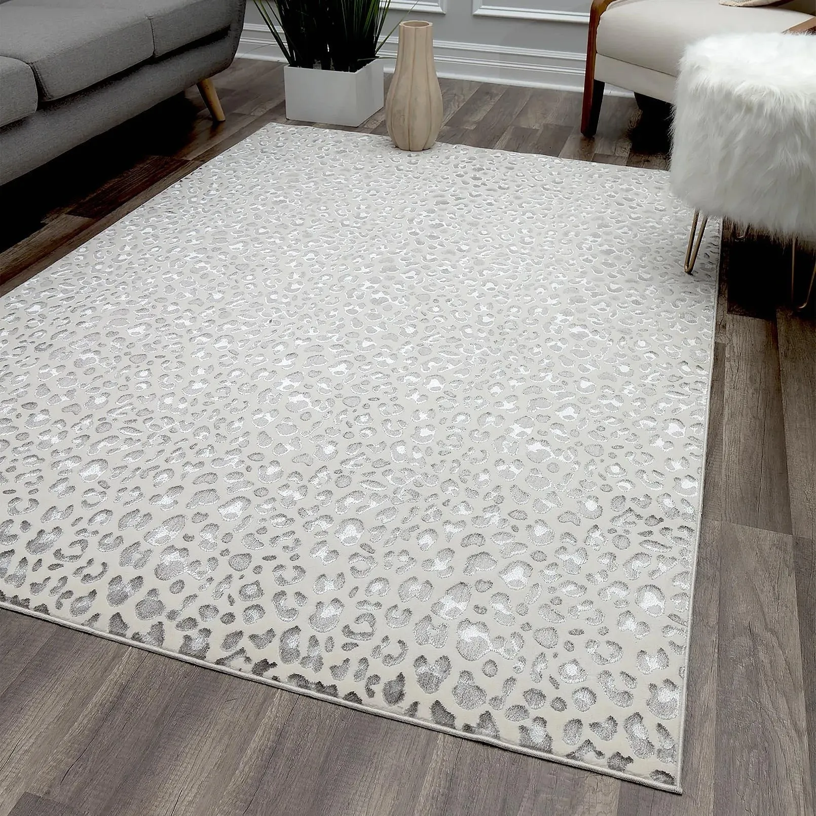 Rugs America Natura Snow Leopard Silver Shine Area Rug