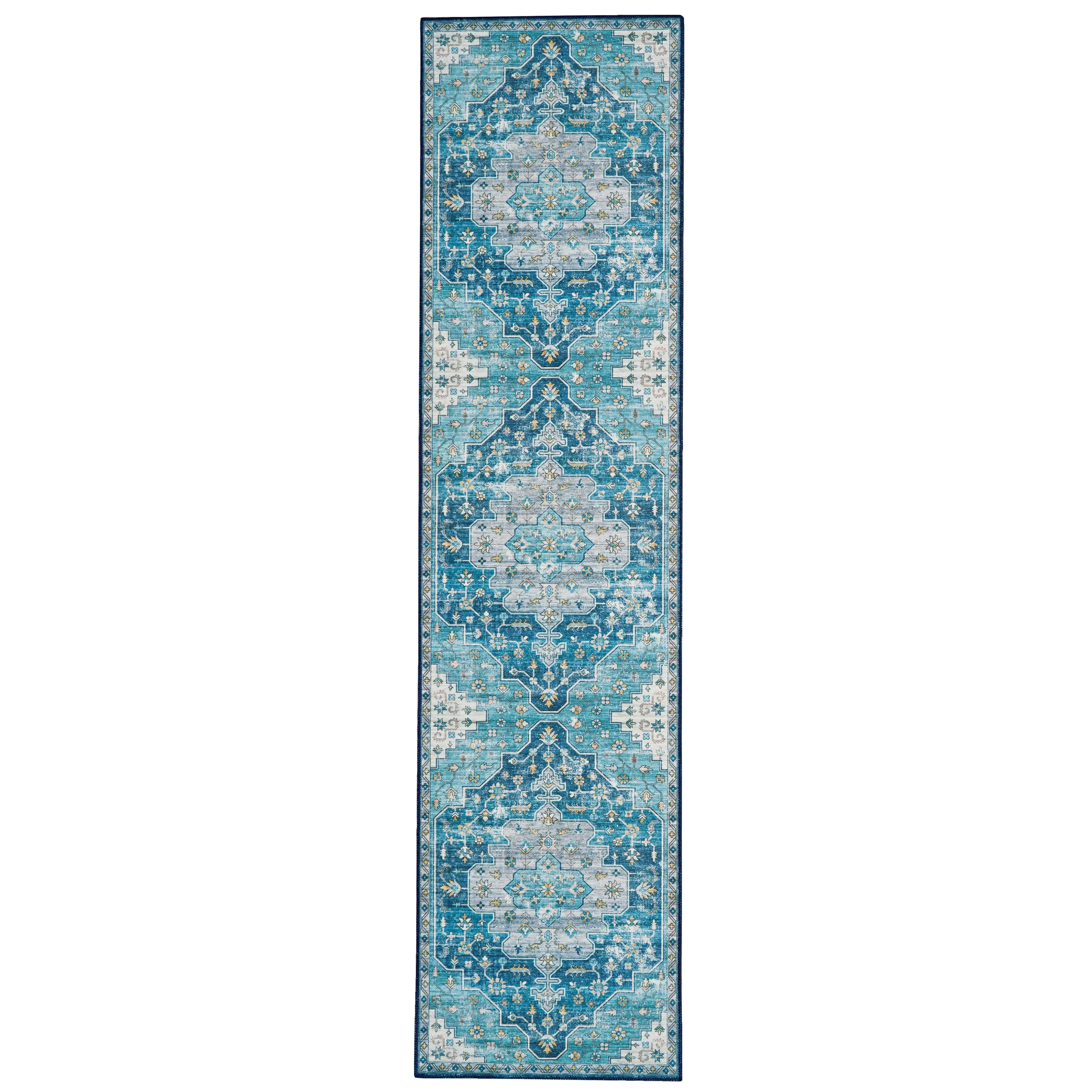 Sariah Machine Washlable Teal and Ivory Area Rug
