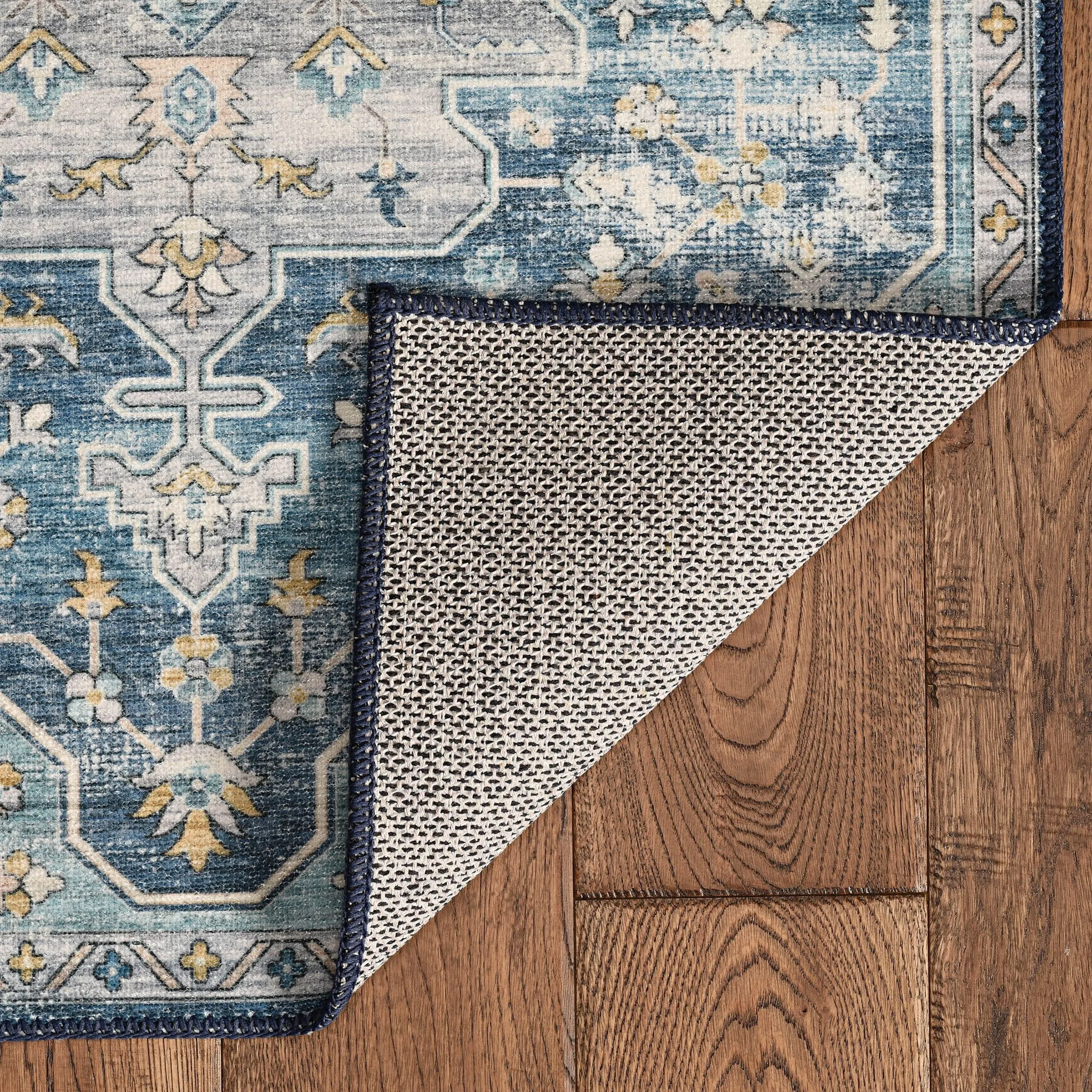 Sariah Machine Washlable Teal and Ivory Area Rug