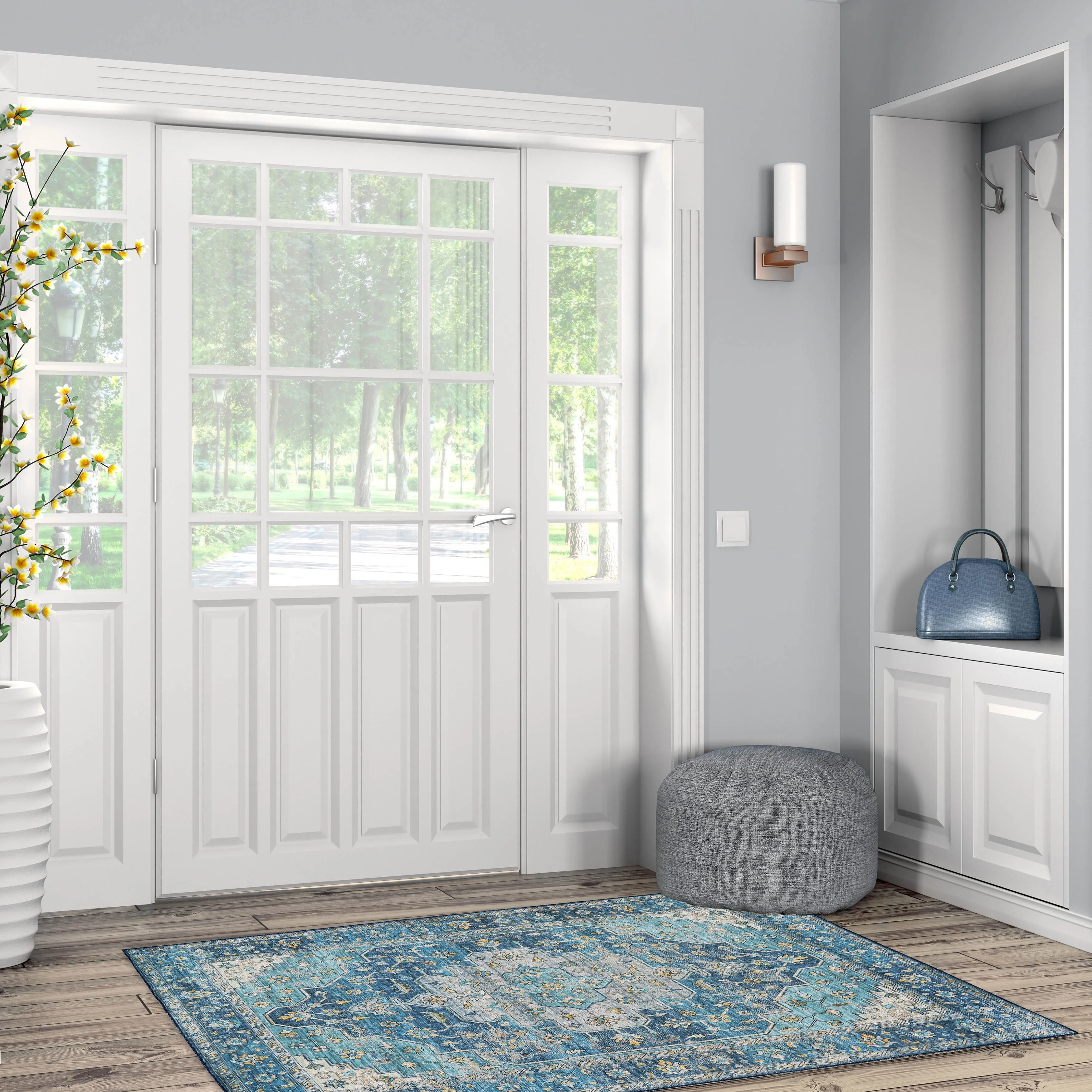 Sariah Machine Washlable Teal and Ivory Area Rug