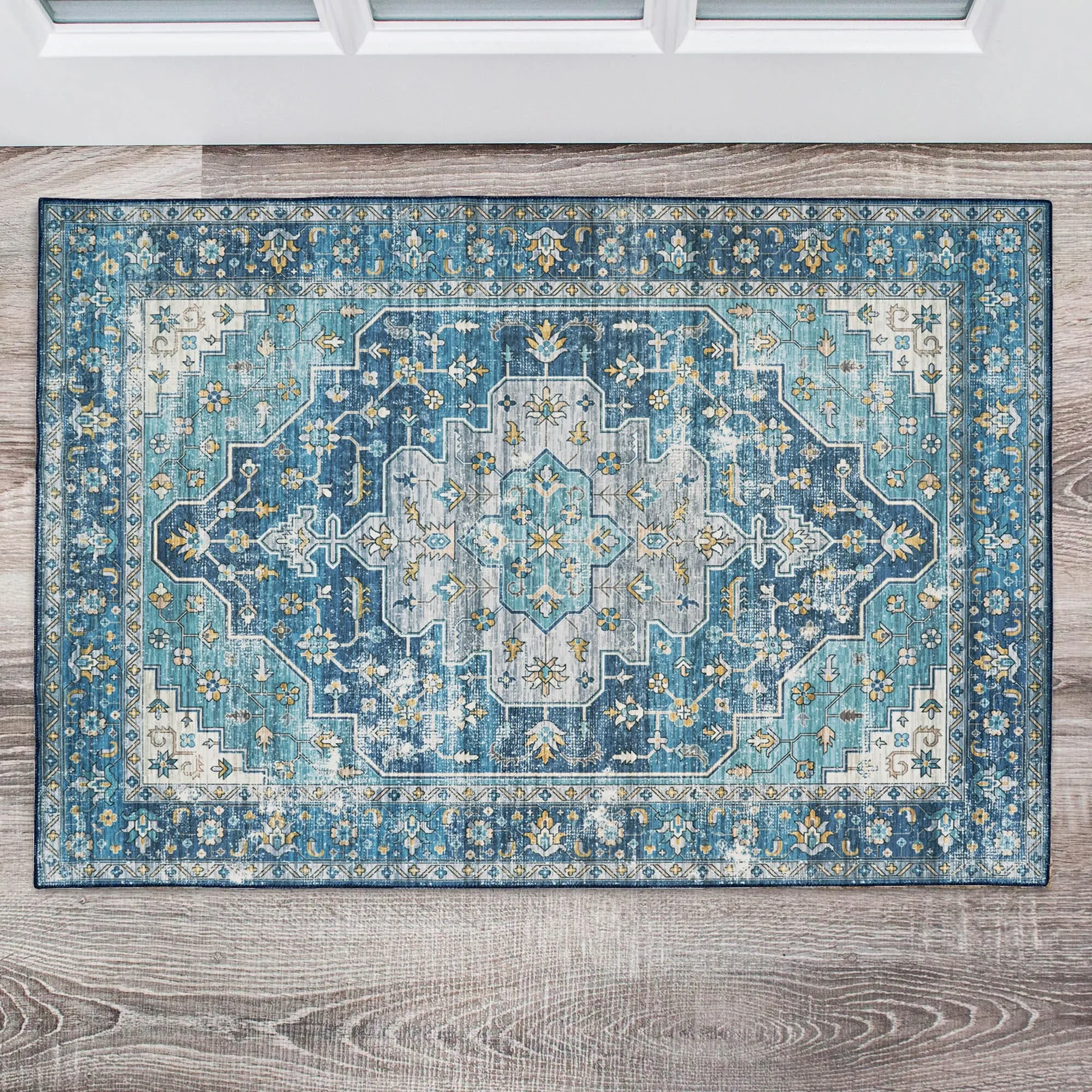 Sariah Machine Washlable Teal and Ivory Area Rug