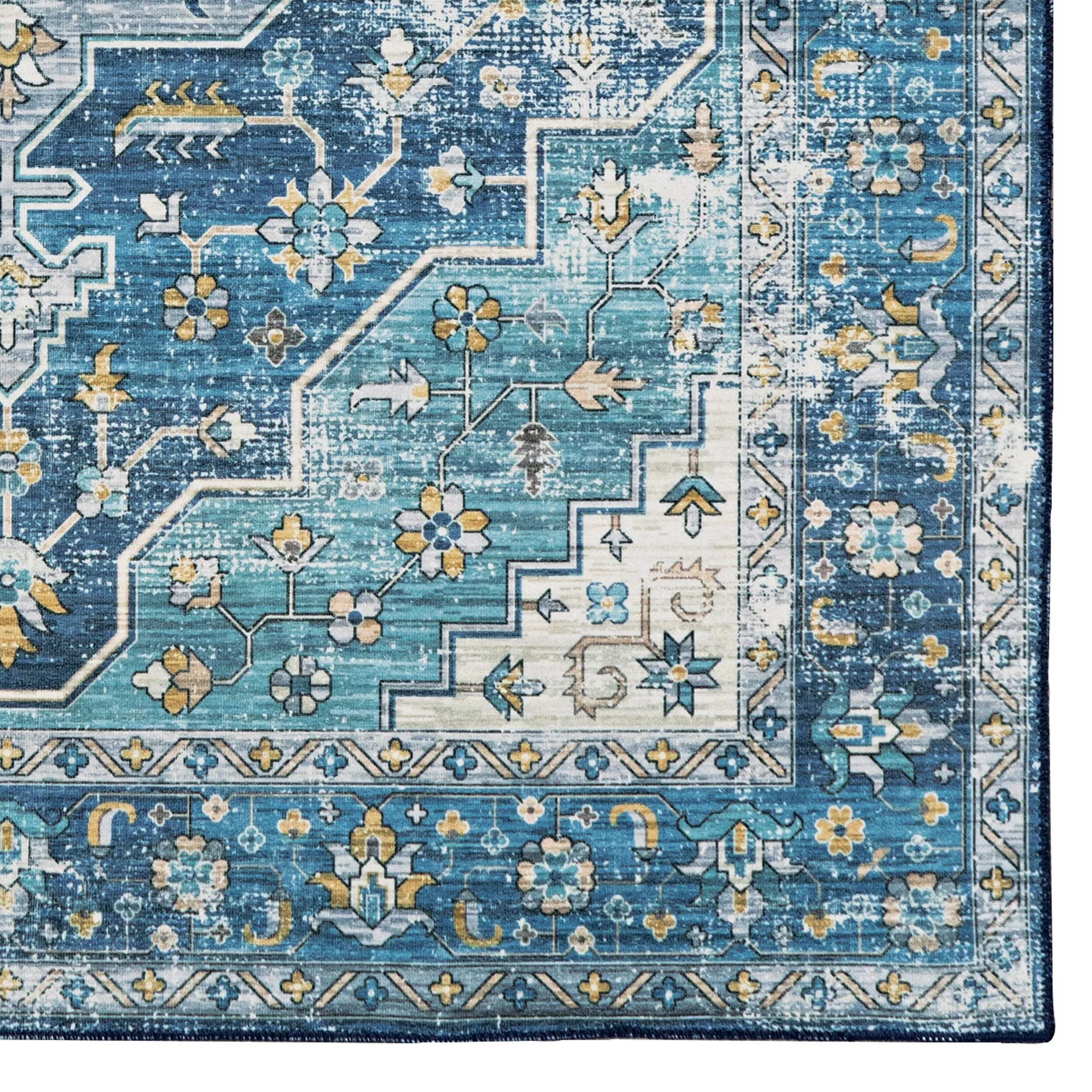 Sariah Machine Washlable Teal and Ivory Area Rug