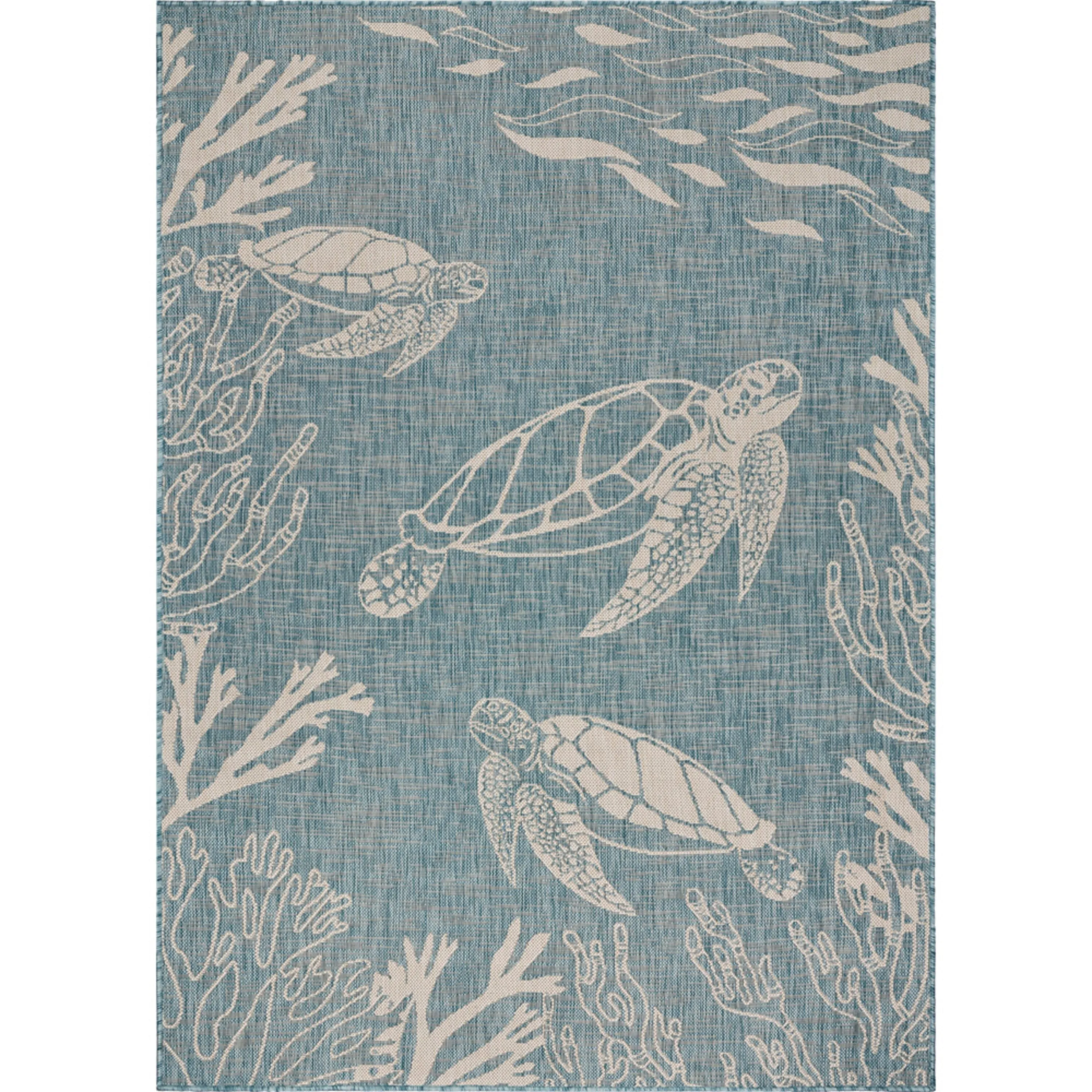 Sevita Aqua/White Tropical Turtle Reef Indoor Outdoor Rug