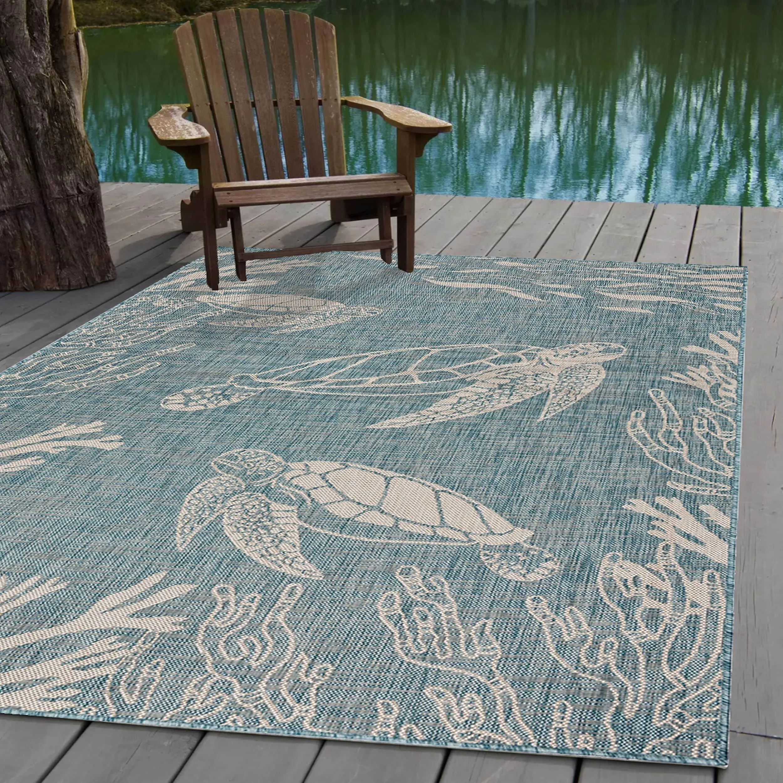 Sevita Aqua/White Tropical Turtle Reef Indoor Outdoor Rug